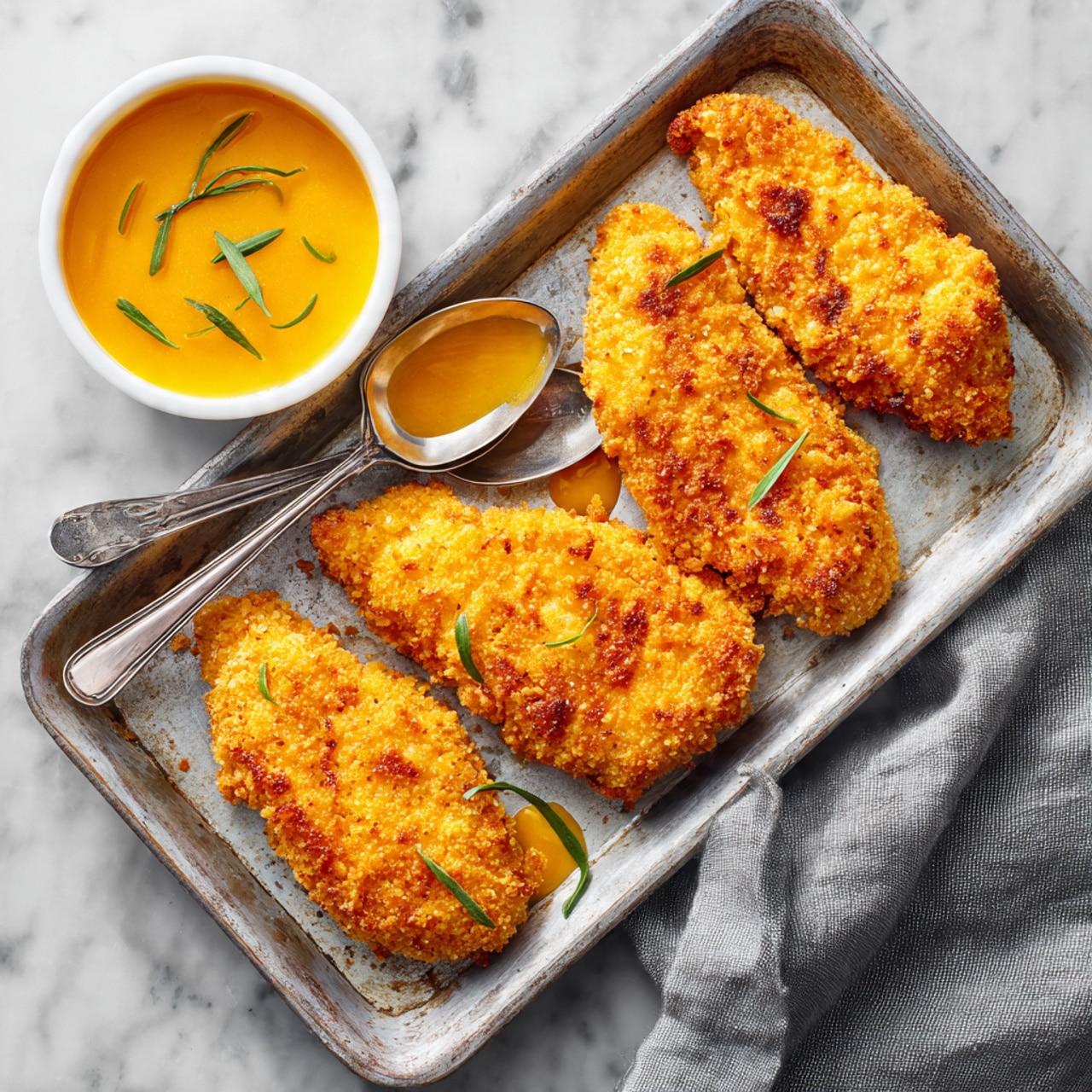 The image shows four pieces of golden-brown fried food arranged on a metal tray with a slightly worn texture. The fried pieces have a crispy, rough outside with a bright orange color and some darker brown spots. In the top left corner of the tray, there is a white bowl filled with bright orange sauce, which has a few green herb slices floating on the surface. Two silver spoons with some sauce on them rest on the tray near the bowl. The tray is placed on a white marbled surface with a gray cloth loosely gathered on the right side. Photo taken with an iphone --ar 4:5 --v 7