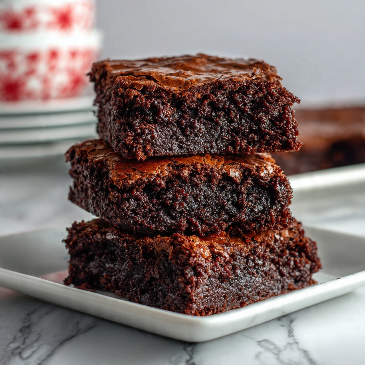 The image shows a stack of three thick, dark chocolate brownies on a white rectangular plate placed on a white marbled surface. Each brownie has a rich, moist texture with a slightly shiny, cracked top layer that looks fudgy and dense. The inside of the brownies reveals a soft, almost black chocolate crumb, with tiny air pockets and melted chocolate bits creating a slightly uneven texture. In the background, there is a blurred stack of white plates with red patterns. photo taken with an iphone --ar 4:5 --v 7
