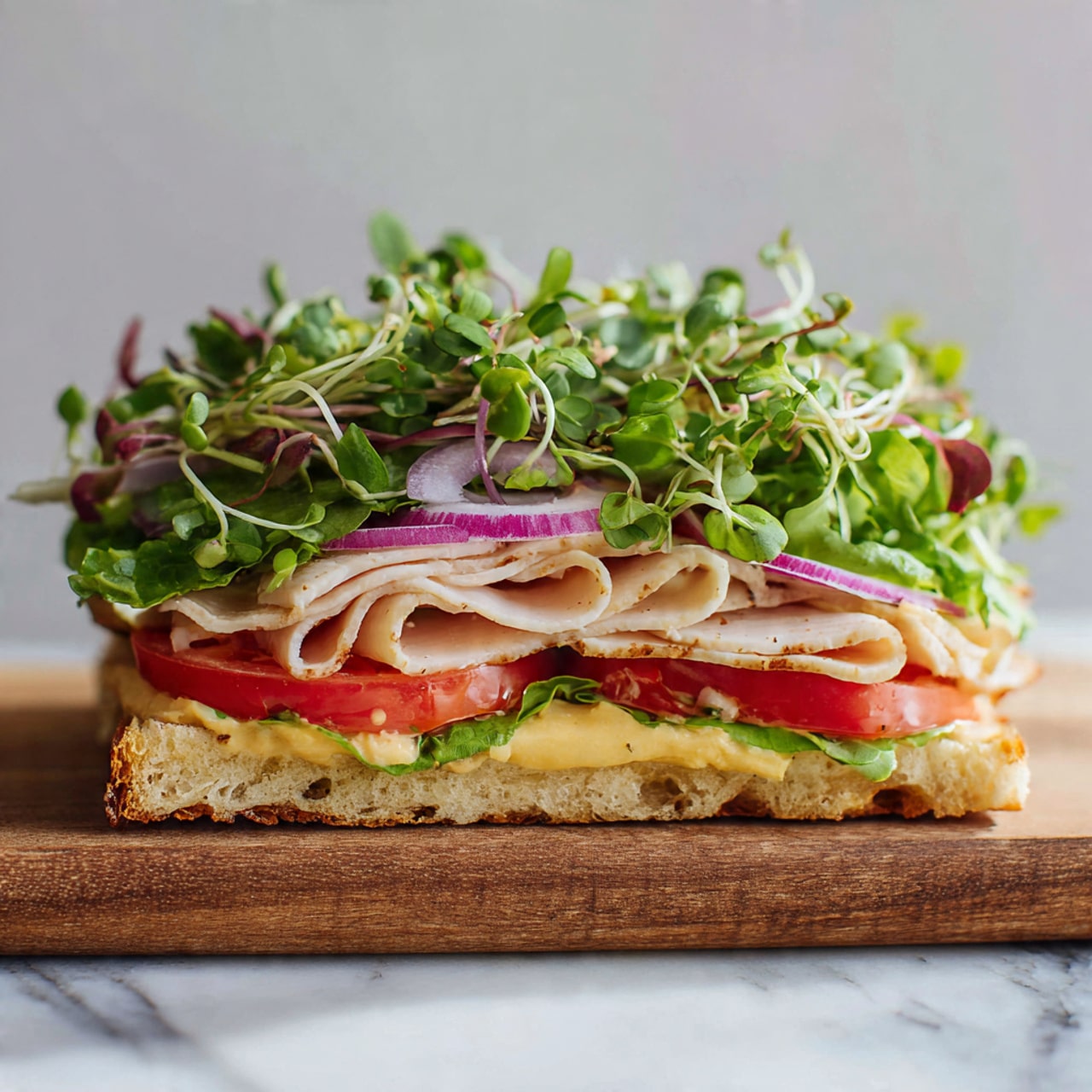 The image shows a sandwich on a wooden board placed on a white marbled surface. The sandwich has four visible layers: the bottom layer is a light yellow spread on a flatbread or thin bread base, the second layer is folded beige turkey slices arranged neatly, the third layer is bright red tomato slices peeking through the greens, and the top layer consists of fresh green microgreens mixed with thin, curled slices of light purple-red onion scattered evenly. The sandwich looks fresh and colorful with a mix of soft and crunchy textures. Photo taken with an iphone --ar 4:5 --v 7