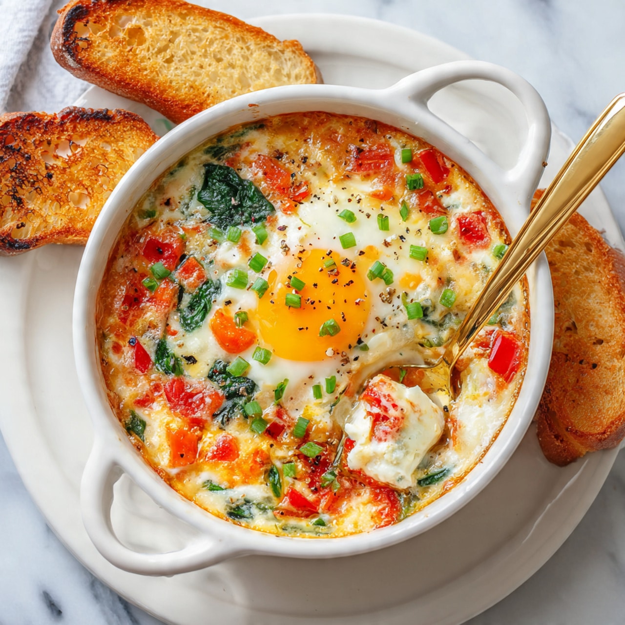 A white round ceramic dish with two handles contains a baked egg dish with one soft-cooked egg in the center, showing a bright yellow yolk surrounded by cooked white. The dish has a creamy base mixed with small pieces of red and orange tomatoes, green spinach leaves, and sprinkled green chopped scallions on top. The edges show some browned baked bits. The dish sits on a white plate on a white marbled surface, with two pieces of toasted bread nearby, one placed at the bottom and the other slightly on the left side. A gold spoon inside the dish holds a scoop of the baked mixture. photo taken with an iphone --ar 4:5 --v 7