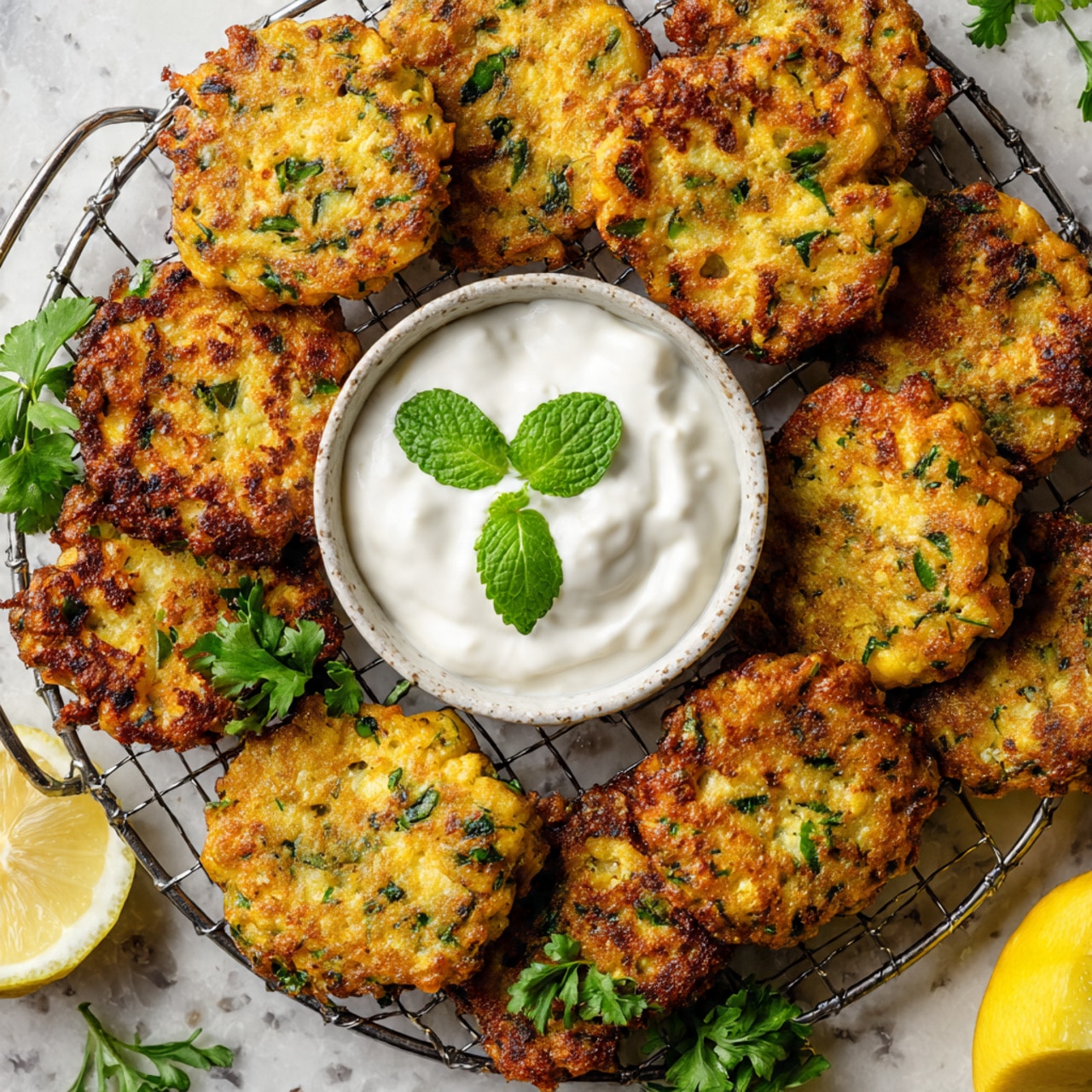 The image shows a cooling rack filled with golden brown patties that have a rough, slightly crispy texture with green herbs visible inside. In the center of the cooling rack is a small white bowl filled with smooth white sauce, topped with three fresh green mint leaves. The background is a white marbled surface and a yellow lemon wedge is partially visible at the bottom left. The patties look warm and freshly cooked, arranged around the bowl of sauce. Photo taken with an iphone --ar 4:5 --v 7