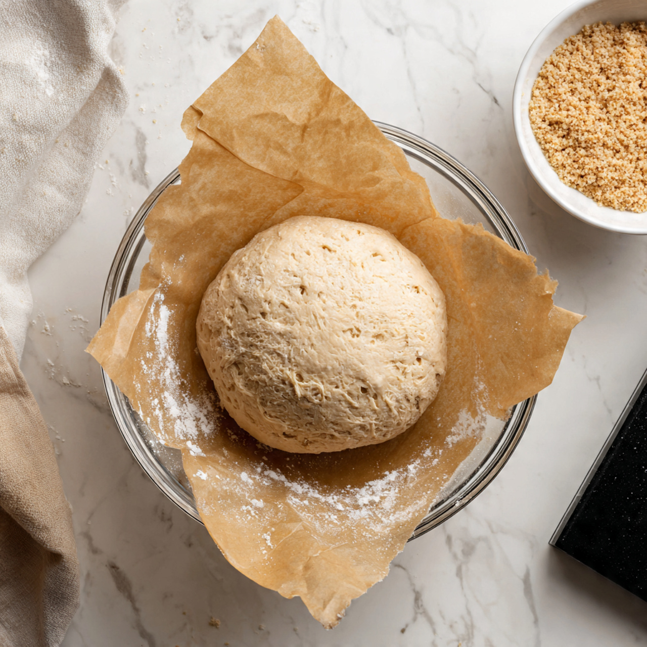 A clear glass bowl sits on a piece of brown parchment paper over a white marbled surface, holding a smooth, round ball of light beige dough that looks soft and slightly sticky, with some flour dusted gently on the sides inside the bowl. To the top right of the bowl, there is a small white bowl filled with a light brown granular ingredient, and a black rectangular object lies next to the parchment paper on the white marbled surface. Photo taken with an iphone --ar 4:5 --v 7