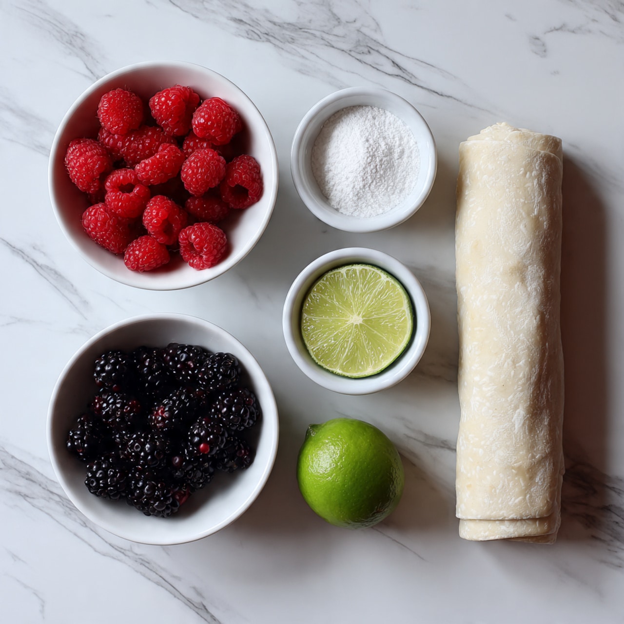 The image shows five main items placed on a white marbled surface. At the top left is a white bowl full of bright red raspberries. Next to it, to the top right, is a white bowl filled with white granulated sugar. Below the raspberry bowl is a half lime showing its green interior. To the bottom center is a white bowl full of shiny black blackberries. Finally, to the right side of the image is a rolled light beige dough or pastry item. The layout is simple and spaced out. Photo taken with an iphone --ar 4:5 --v 7