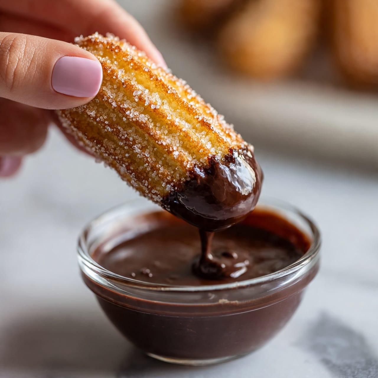 A close-up shows a golden-brown, sugar-covered madeleine cookie being dipped halfway into a thick, shiny dark chocolate sauce, with the chocolate dripping slightly from the bottom. The madeleine’s surface sparkles with coarse sugar crystals, and the cookie’s soft texture is visible under the sugar layer. A woman's hand holds the cookie gently by its top, with the background softly blurred out and the cookie resting above a clear glass bowl filled with the chocolate sauce, all placed on a white marbled surface. Photo taken with an iphone --ar 4:5 --v 7