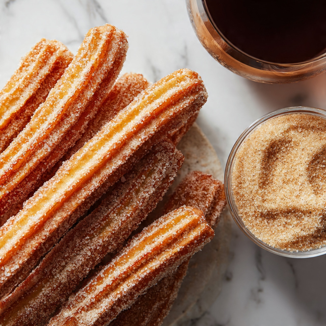 The image shows a close-up of several churros arranged closely together, each churro covered in a layer of granulated sugar giving a rough and sparkly texture. The churros are light brown with deep ridges running lengthwise, curving slightly. In the lower right corner, there is a clear glass bowl filled with light tan cinnamon sugar. The churros and bowl rest on a white marbled surface visible in small gaps between churros, adding a soft contrast to the warm tones. The top part of a dark bowl or cup is partially visible at the top edge of the image, slightly blurred, with a rich dark brown color. Photo taken with an iphone --ar 4:5 --v 7