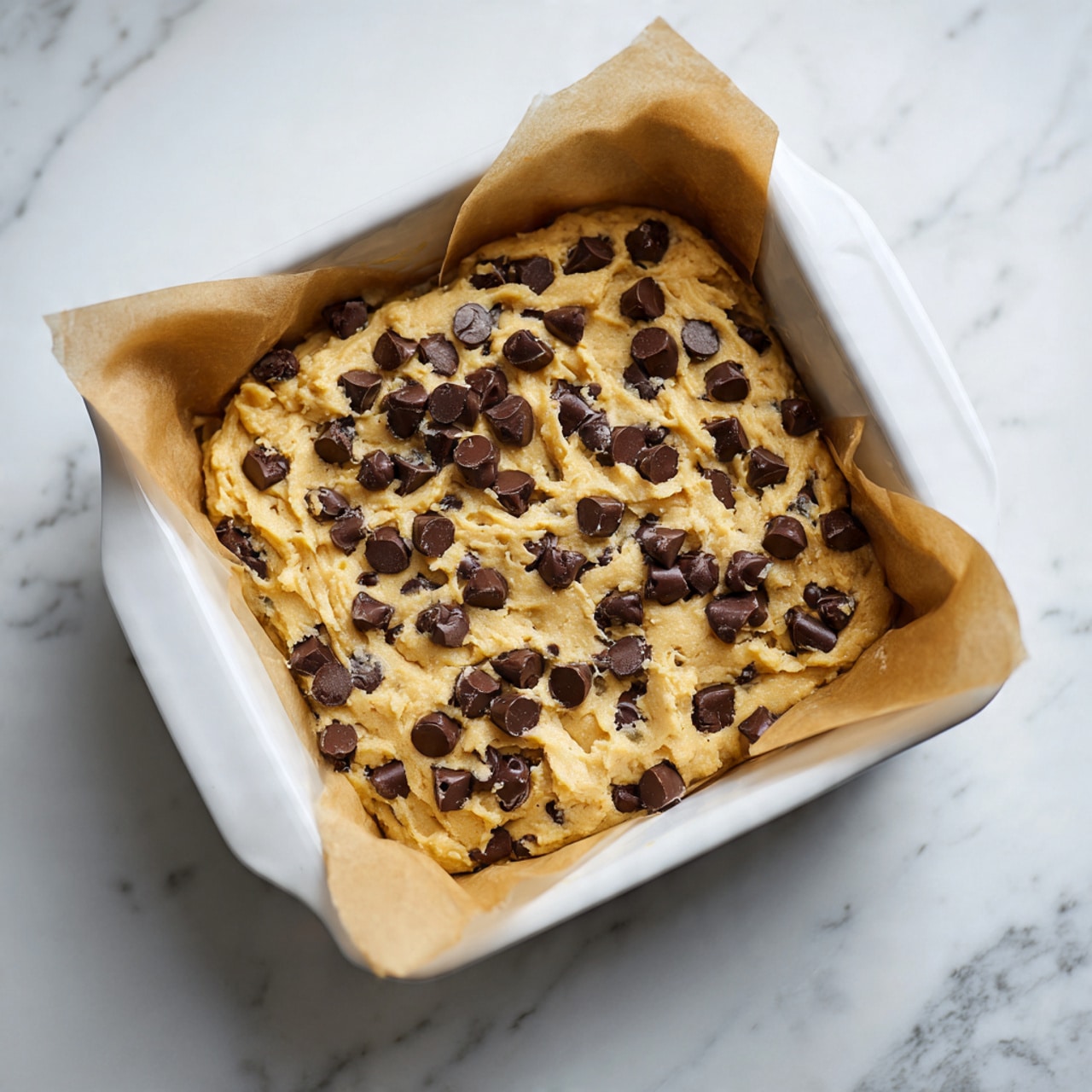 A white ceramic square baking dish lined with light brown parchment paper holds an uncooked chocolate chip batter spread evenly in one thick layer. The pale yellow batter is studded generously with dark chocolate chunks, creating a rough, textured surface with visible swirls and peaks. The dish is placed on a white marbled surface. photo taken with an iphone --ar 4:5 --v 7