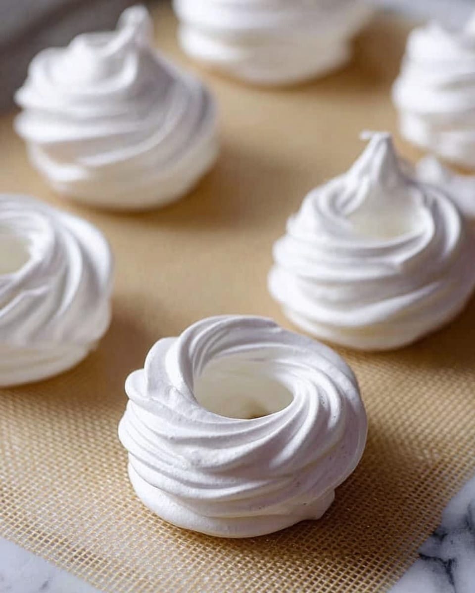 The image shows several white meringue nests placed on a beige baking mat. Each meringue has a round base with swirled layers stacked in a circular pattern, creating a hollow center. The texture is smooth with soft peaks rising in the middle of each nest. The background surface is a white marbled texture, visible around the baking mat. The lighting highlights the glossy finish of the meringue, emphasizing the delicate and airy look of each piece. photo taken with an iphone --ar 4:5 --v 7