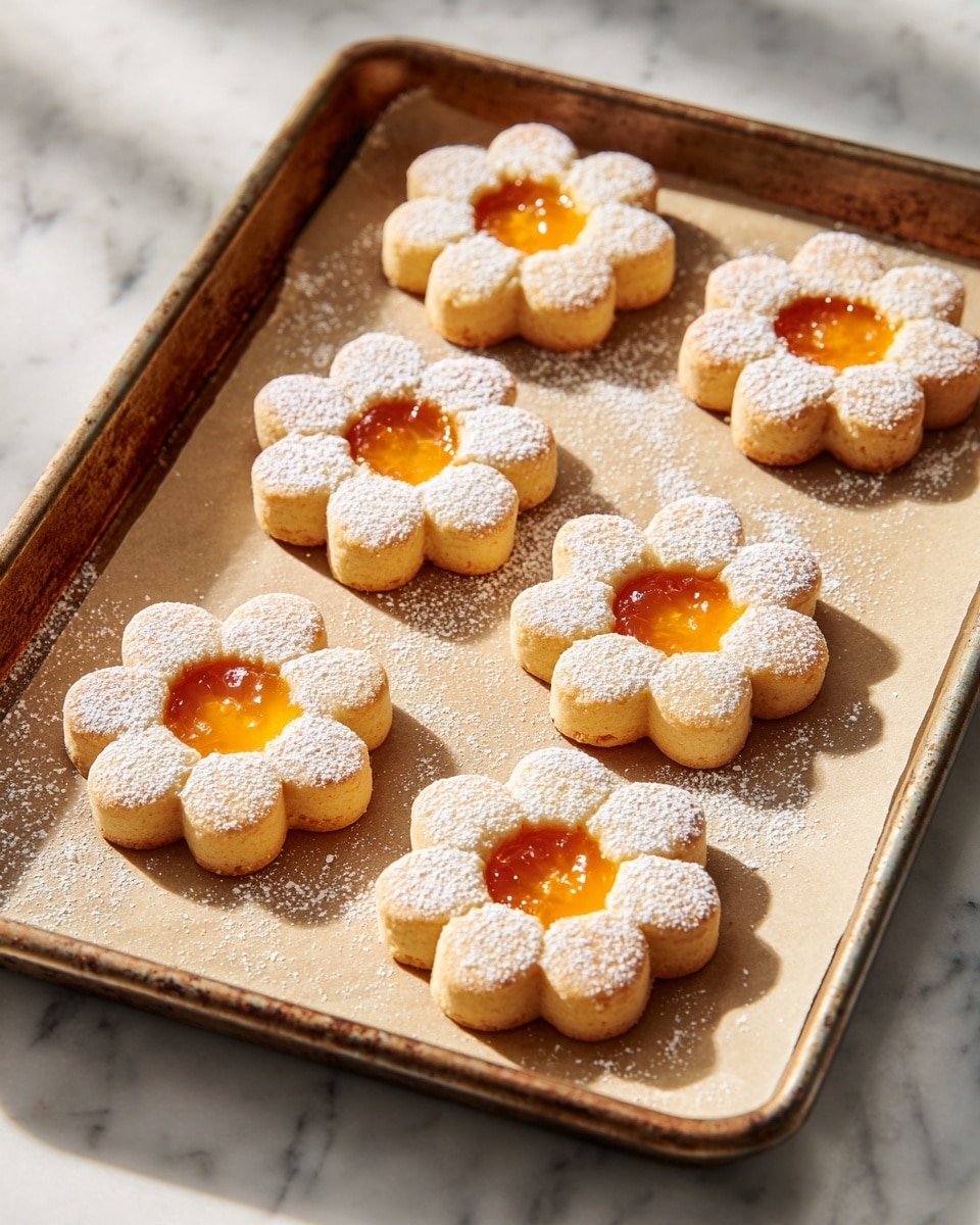 A stack of flower-shaped cookies arranged on a round pink plate, each cookie having two beige layers with powdered sugar on top, and a bright yellow jam filling visible through a round cutout in the center. The plate is set on a rectangular yellow tray with green leaf patterns over a white marbled surface. Nearby, a glass of iced lemon drink with lemon slices inside is visible, along with a pastry bag filled with yellow jam and additional cookies in the background. The scene is softly lit, giving it a warm, inviting look. photo taken with an iphone --ar 4:5 --v 7