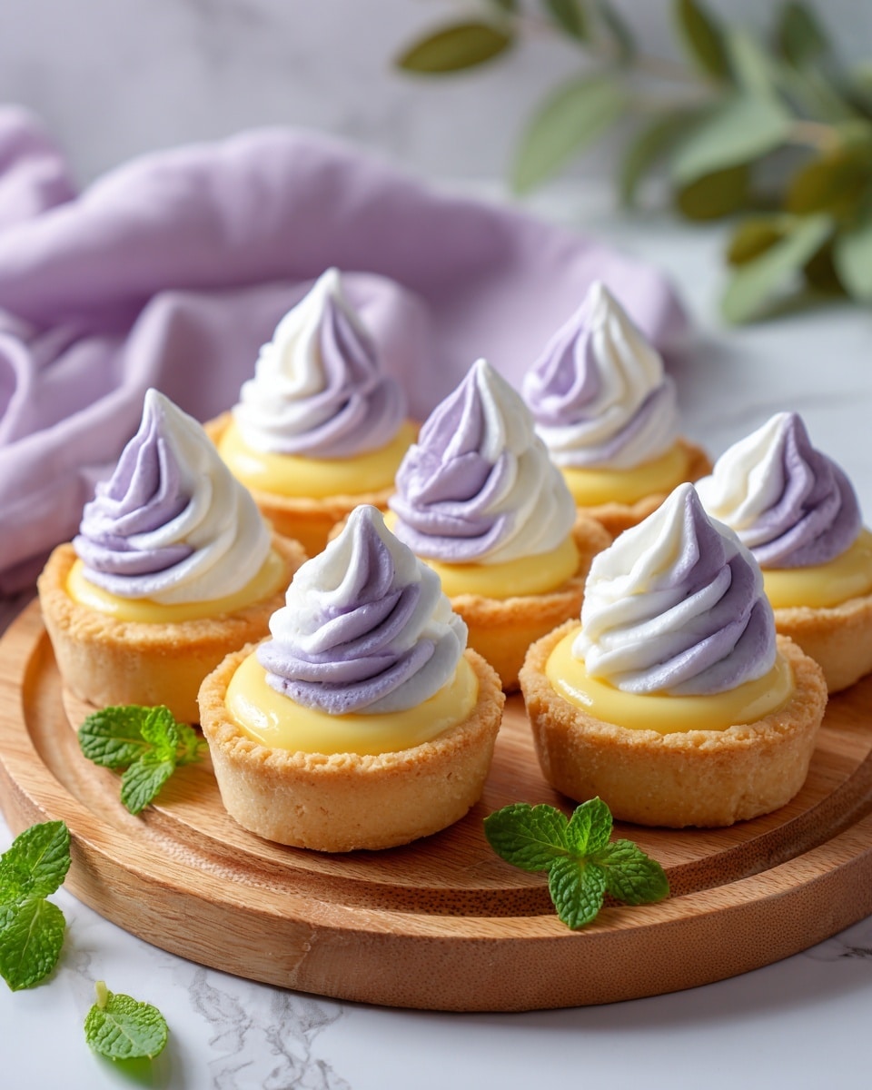 The image shows seven small tartlets arranged on a round white plate on a wooden base. Each tartlet has a golden, crimped crust as the bottom layer. Inside, there is a smooth, glossy yellow filling topped with two-colored swirled cream, with white cream at the bottom and light purple cream on top, shaped into a tall peak. A few fresh green mint leaves are placed around the tartlets, adding a pop of color. The background is softly blurred with light purple cloth and green leaves, all set on a white marbled surface. Photo taken with an iphone --ar 4:5 --v 7