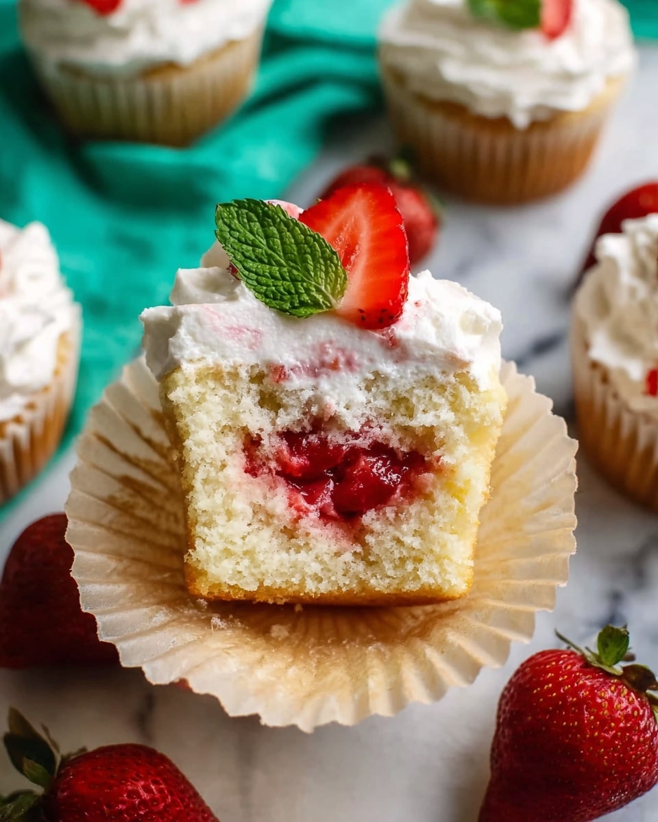 The image shows a cupcake with three main layers: the base is a light, fluffy sponge cake with a soft texture, the middle layer contains a bright red strawberry filling that is slightly juicy and chunky, and the top layer is a thick, white whipped frosting with a smooth, creamy texture. On top of the frosting, there is a small strawberry slice and a fresh green mint leaf for decoration. The cupcake sits in an open beige paper cup on a white marbled surface, surrounded by whole red strawberries and other similarly decorated cupcakes in white paper cups. A woman's hand is not visible but the focus is on the cupcake's cross-section. The background includes a teal cloth for contrast. Photo taken with an iphone --ar 4:5 --v 7