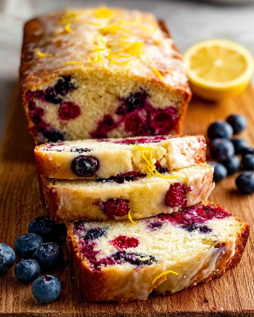 A loaf cake is sliced with three slices in the front showing a soft, light yellow inside dotted with bright red raspberries and deep blue blueberries. The cake has a golden-brown crust with a slightly shiny texture and thin orange zest strips on top. The cake rests on a wooden board with fresh blueberries and a small lemon slice placed next to it. The background is softly blurred. photo taken with an iphone --ar 4:5 --v 7