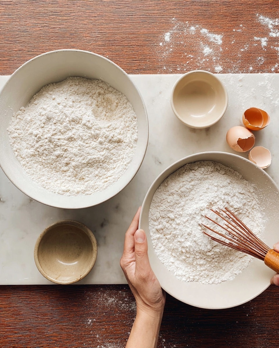 Two white bowls filled with white flour are placed side by side on a white marbled surface; the left bowl has just flour, while the right bowl shows a woman's hand holding it steady and another woman's hand with a wooden-handled whisk mixing the flour inside. Each bowl is smooth and round, with a soft matte finish. Nearby, there are small beige bowls and brown eggshells on the surface, adding subtle contrast to the scene. The lighting is soft and natural, highlighting the fluffy texture of the flour. photo taken with an iphone --ar 4:5 --v 7