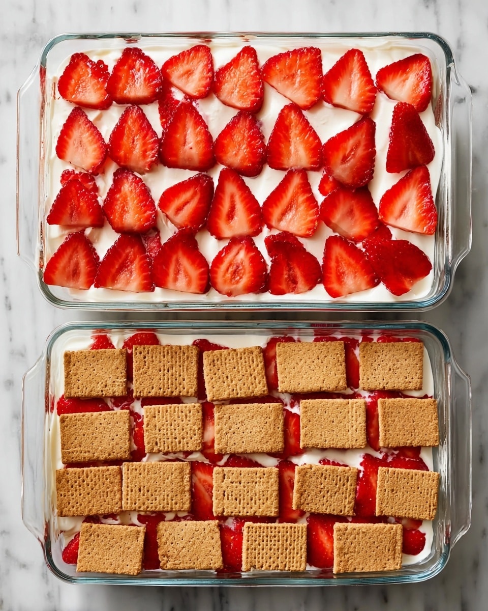 A glass rectangular dish shows a dessert with layers starting with a smooth white cream base, topped with a neat layer of bright red strawberry slices arranged side by side covering the entire top across five rows and six columns. Beside it, another glass dish has the second layer made of square, light brown graham crackers placed in a grid of three columns and three rows, covering most of the strawberries but leaving some edges visible, against a white marbled surface. photo taken with an iphone --ar 4:5 --v 7