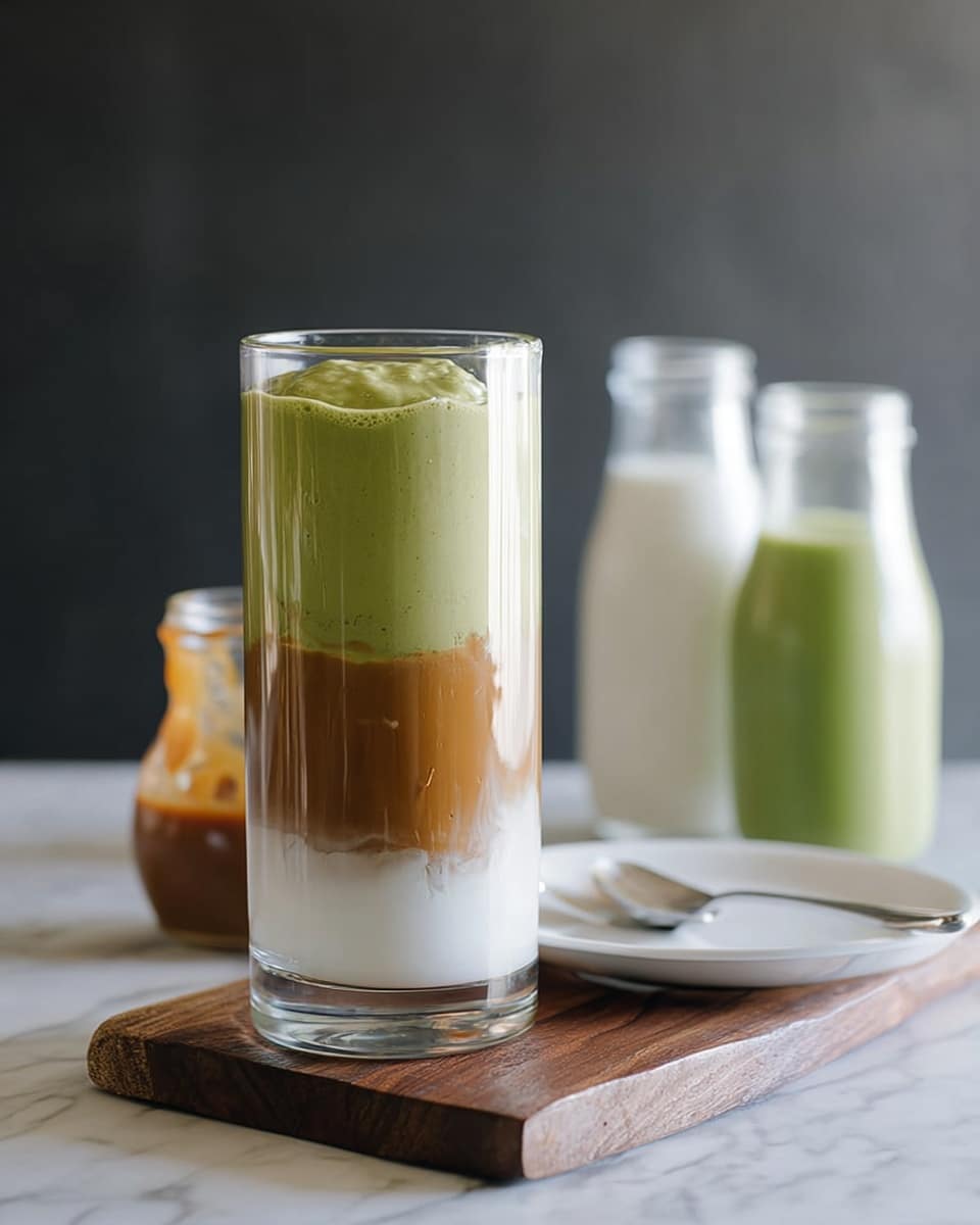 A tall clear glass shows three clear layers of a drink standing on wooden boards with a blurred background. The bottom layer is a thick caramel brown, the middle layer is creamy white with a slightly smooth texture, and the top layer is a thick green smoothie with a soft, slightly lumpy texture. Behind the glass, there is a white plate with a small jar of caramel sauce and a spoon, and two glass bottles—one with white milk and the other with green smoothie—making the whole setting look fresh. The background is a plain, dark tone, while the surface beneath is white marbled texture. photo taken with an iphone --ar 4:5 --v 7