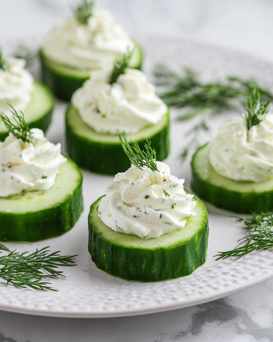 The image shows several round cucumber slices, each topped with a swirl of white cream cheese mixed with small green herb specks, creating a soft, fluffy texture. On top of each cream cheese swirl, there is a small sprig of fresh green dill. The cucumber slices have a bright green outside skin with a lighter green inside, and they are arranged on a white plate with a subtle textured pattern around its edges. The whole setup is placed on a white marbled surface, with a few sprigs of dill scattered nearby. Photo taken with an iphone --ar 4:5 --v 7