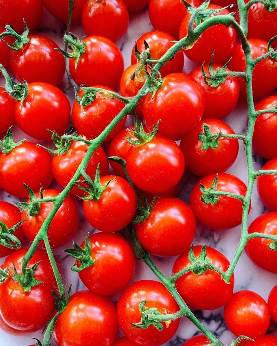 The image shows many bright red cherry tomatoes still attached to their green stems. Each tomato is shiny and round, tightly packed together covering the entire frame. The green stems twist and cross over each other, adding contrast to the reds. The background has a white marbled texture. The photo taken with an iphone --ar 4:5 --v 7