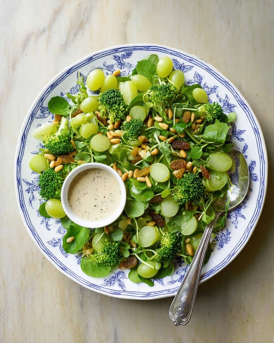 A white plate with delicate blue patterns holds a fresh salad made of three main layers. The base layer is leafy green watercress spread evenly across the plate. On top, there are bright green broccoli florets and sliced green grapes, some whole grapes scattered around. The final layer has beige pine nuts and golden raisins sprinkled over the salad for texture and color contrast. In the center of the plate, there is a small white bowl filled with creamy light-colored dressing with visible specks, accompanied by a silver spoon resting at the edge of the plate. The plate sits on a white marbled surface. Photo taken with an iphone --ar 4:5 --v 7