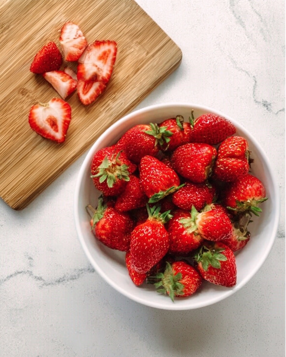 A white bowl filled with many bright red strawberries with green leafy tops, placed on a white marbled surface. Next to the bowl, on the left side, there is a wooden cutting board with a few strawberries sliced in half, showing their red inside and white core. The whole scene is simple and clean. Photo taken with an iphone --ar 4:5 --v 7