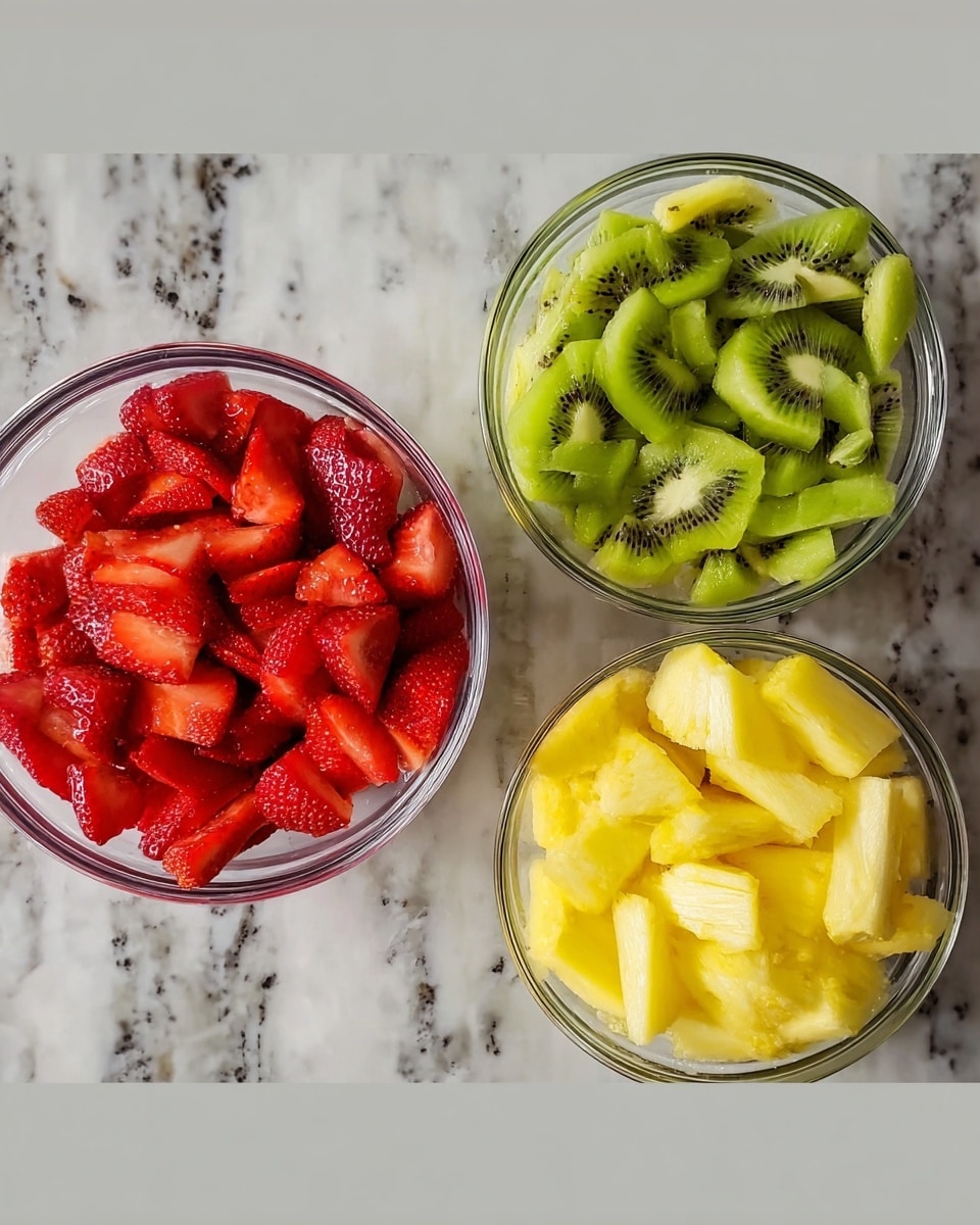 Three clear glass bowls filled with fruit are arranged on a white marbled surface. The left bowl contains bright red strawberry pieces with a slightly shiny texture, showing both the juicy interior and the textured outer skin. The middle bowl holds green kiwi slices with dark seeds and a smooth, slightly translucent look. The right bowl is filled with yellow pineapple slices, some layered over each other, showing a juicy and fibrous texture. photo taken with an iphone --ar 4:5 --v 7