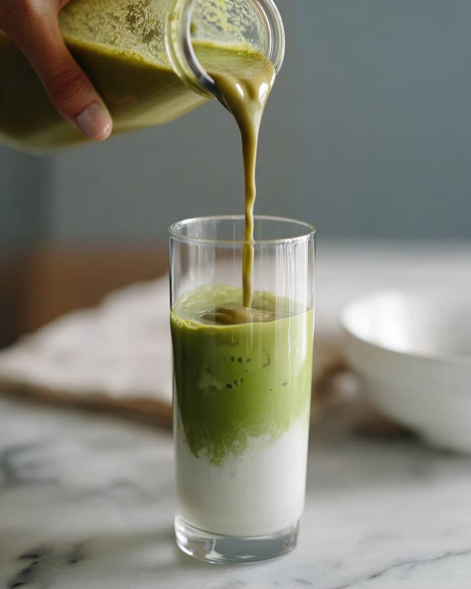 A tall clear glass filled mostly with large clear ice cubes, with a small layer of dark brown syrup at the bottom. Behind the glass are three containers on a white marbled surface: a tall clear bottle with white milk, a shorter clear bottle with light green liquid, and a small clear jar with dark brown syrup. The jar sits on a white plate with a spoon laying next to it. The background is a plain dark gray wall. Photo taken with an iphone --ar 4:5 --v 7