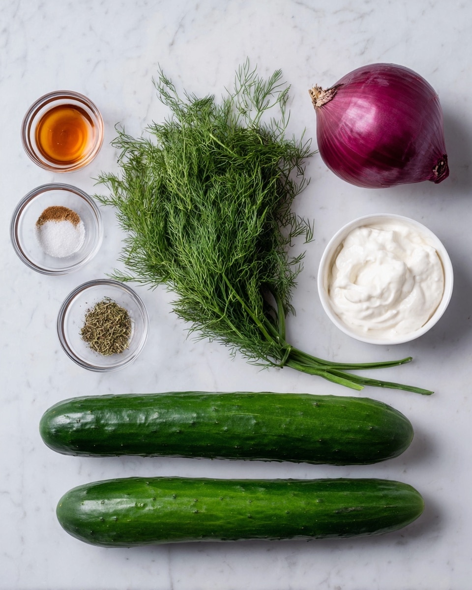 The image shows fresh ingredients arranged on a white marbled surface. There are two long green cucumbers placed horizontally at the bottom. Above them, a bunch of fresh green dill is centered. To the right of the dill, there is a small white bowl filled with white creamy yogurt and next to it, a small clear bowl with amber-colored liquid. To the left of the dill, there are two small clear bowls with spices: one containing a mix of salt, pepper, and garlic powder, and the other with just salt. At the top right corner, a whole purple-red onion sits alone. photo taken with an iphone --ar 4:5 --v 7
