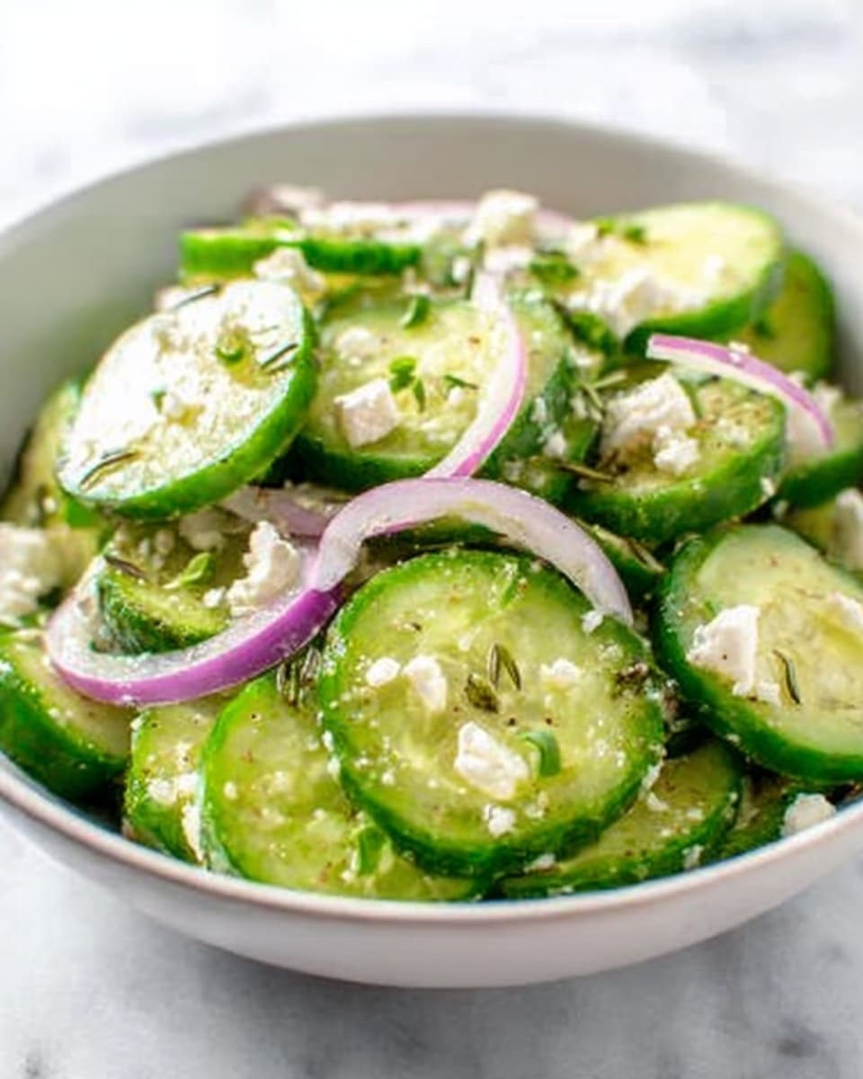 The image shows a fresh cucumber salad in a white bowl on a white marbled surface. The salad has several round cucumber slices that are green with light seeds inside. Mixed with the cucumbers are thin slices of light purple onion and small pieces of white cheese spread across the salad. There appear to be small green herbs sprinkled on top, adding extra color and texture. The salad looks light and refreshing with a mix of green, purple, and white colors. Photo taken with an iphone --ar 4:5 --v 7