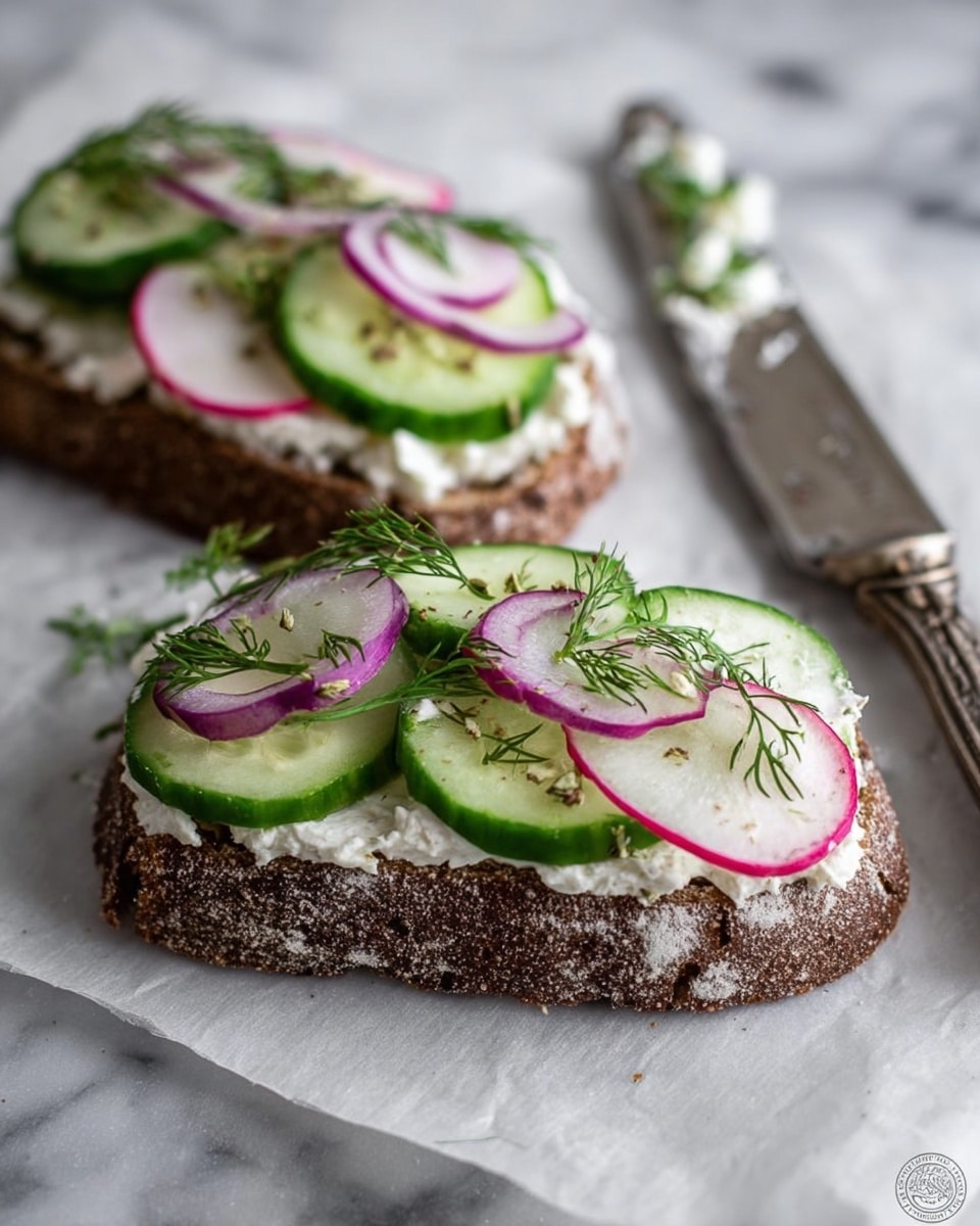 The image shows two open-faced sandwiches on a white marbled surface with white parchment paper beneath them. Each sandwich has a thick, dark brown slice of rustic bread at the bottom, dusted lightly with flour. On top of the bread is a smooth, creamy layer of white cheese spread. Above the cheese, there are thin slices of radish and cucumber arranged in an overlapping pattern, creating a fresh green and pink layer. Thin rings of purple onion are scattered on top, along with small sprigs of green dill, adding texture and color contrast. A vintage silver knife with a decorative handle lies behind the sandwiches, partially smeared with some cheese. Photo taken with an iphone --ar 4:5 --v 7