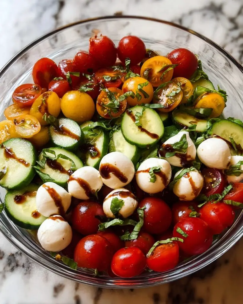 Caprese Salad with Cherry Tomatoes, Cucumber, and Fresh Basil Recipe