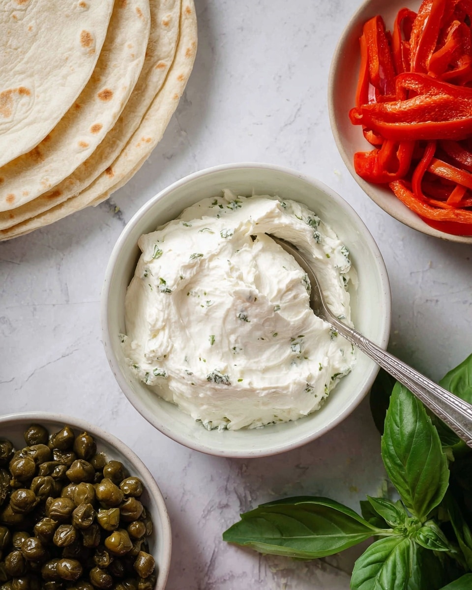 The image shows a top view of several food items arranged on a white marbled surface. At the center, there is a white bowl filled with creamy white spread that has tiny green herb pieces mixed in, with a silver spoon inside it. To the left of this bowl, there is a white dish with thin strips of bright red roasted peppers. Below the spread, another white bowl holds dark green capers. In the top left corner, a stack of light beige flour tortillas is partially visible. On the right side beside the spread, fresh green basil leaves are placed near the edge of the frame. photo taken with an iphone --ar 4:5 --v 7