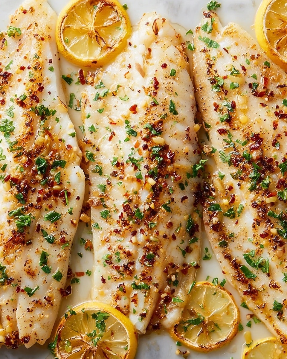 Three white fish fillets are laid flat on a white marbled surface, each fillet topped with small bits of golden brown garlic and scattered green parsley leaves. Thin slices of lemon, some slightly browned and caramelized, rest on and around the fish. The fillets have light grill marks and a slightly shiny texture, with some dark pepper flakes spread unevenly. photo taken with an iphone --ar 4:5 --v 7