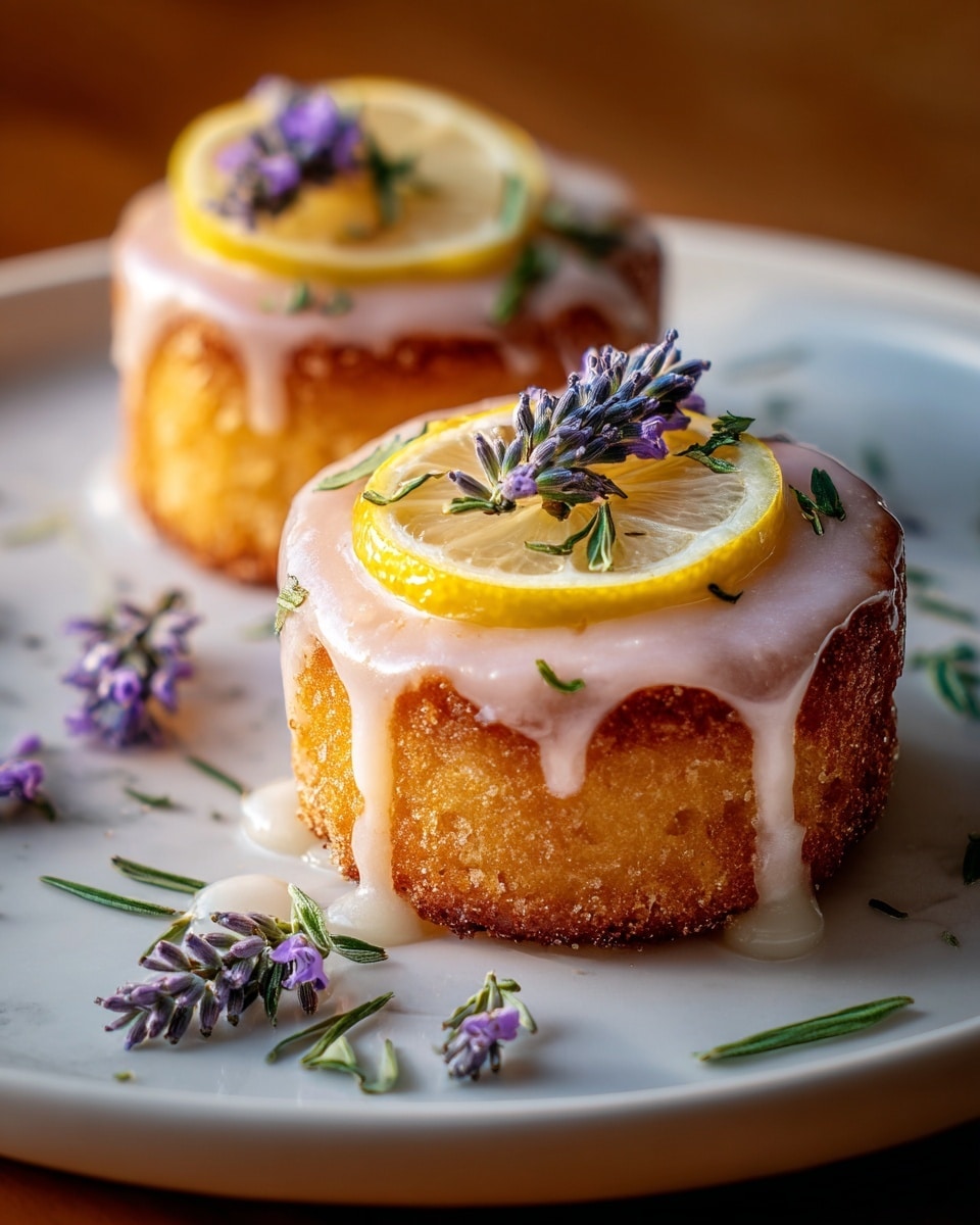 Two small, round cakes with a golden brown color sit on a white plate over a white marbled texture. Each cake is covered with a shiny, light pink glaze that drips down the sides. On top of each cake, there is a thin slice of bright yellow lemon and a small bunch of purple lavender flowers. Scattered around the cakes on the plate are a few more sprigs of lavender and small green leaves. The scene is warm and inviting, with soft lighting enhancing the textures of the cake and glaze photo taken with an iphone --ar 4:5 --v 7