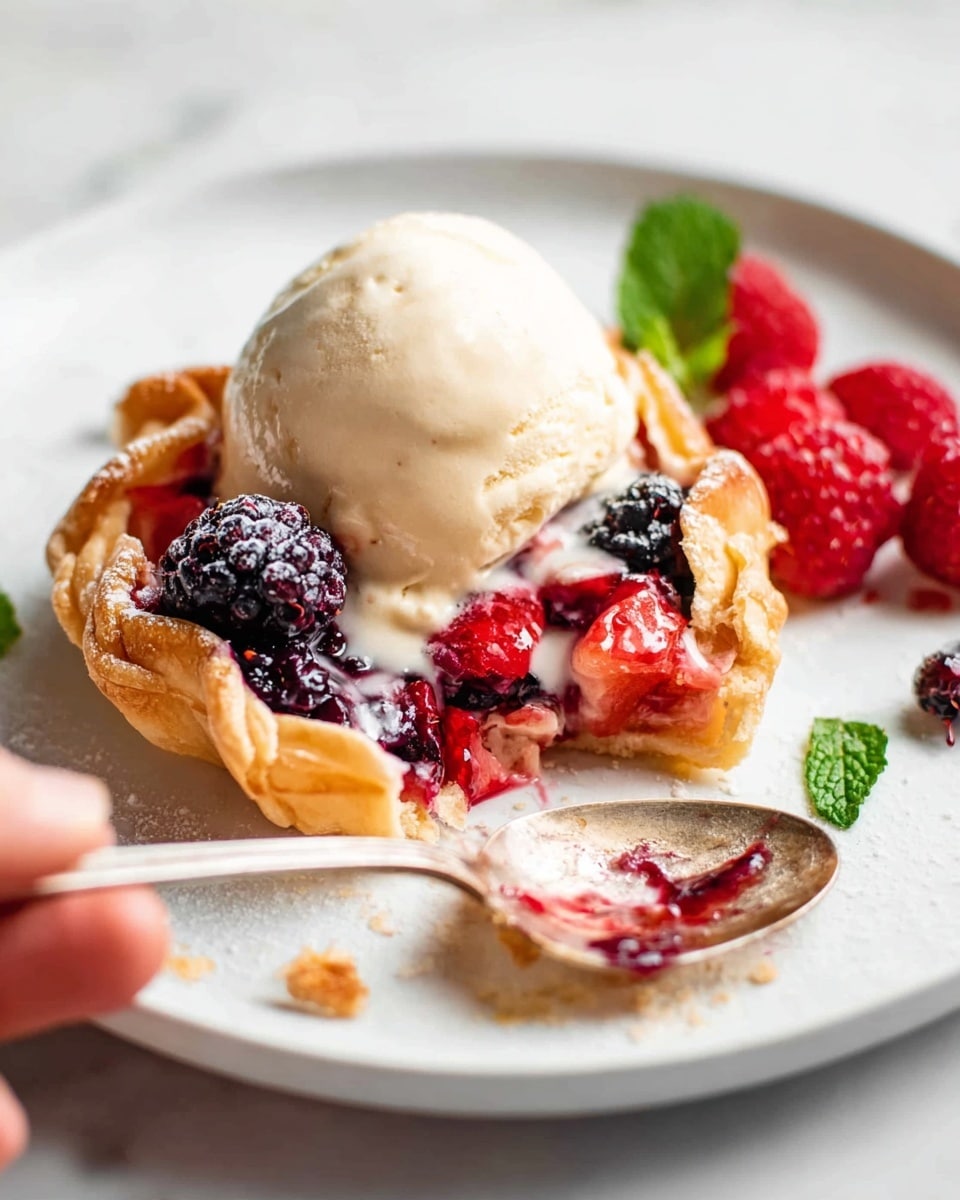 A close-up of a small tart on a white plate, placed on a white marbled surface. The tart has one visible layer of golden brown crispy crust folded around the edges, holding a filling of bright red and dark purple mixed berries with a creamy light beige scoop of melting ice cream on top. There are a few fresh green mint leaves and some extra berries on the side of the plate. A silver spoon with some crumbs rests near the tart, with woman's hand holding the spoon slightly visible. The scene is bright and focused, showing the textures clearly, photo taken with an iphone --ar 4:5 --v 7