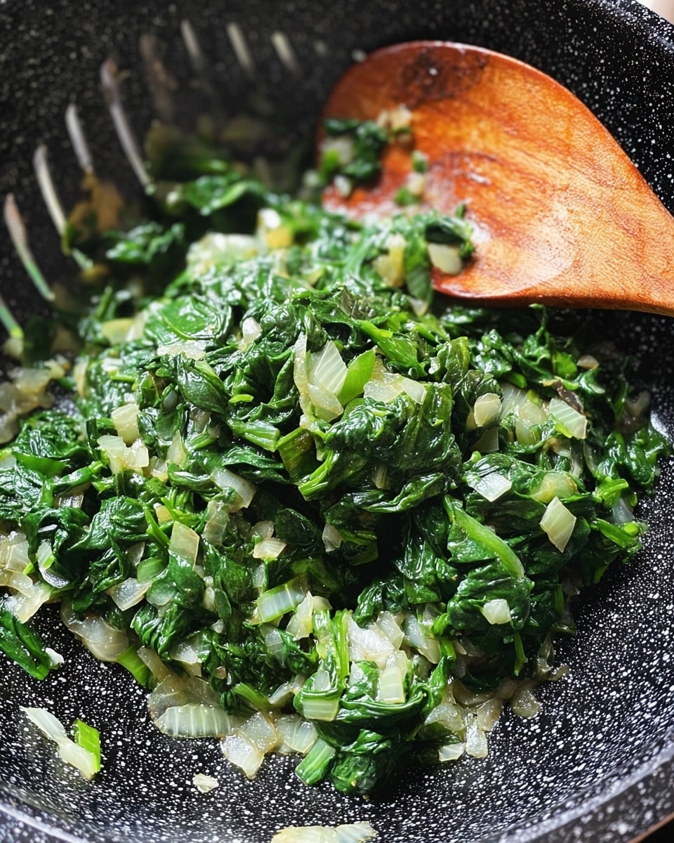 The dish shows one layer of cooked chopped spinach mixed with diced cooked onions, all inside a black strainer with a speckled pattern. A wooden spoon is partially visible on the right side, resting inside the strainer. The spinach is a deep green color with a soft, wilted texture, and the onions are translucent white, evenly mixed throughout. The background is not visible as the focus is on the strainer's contents. photo taken with an iphone --ar 4:5 --v 7
