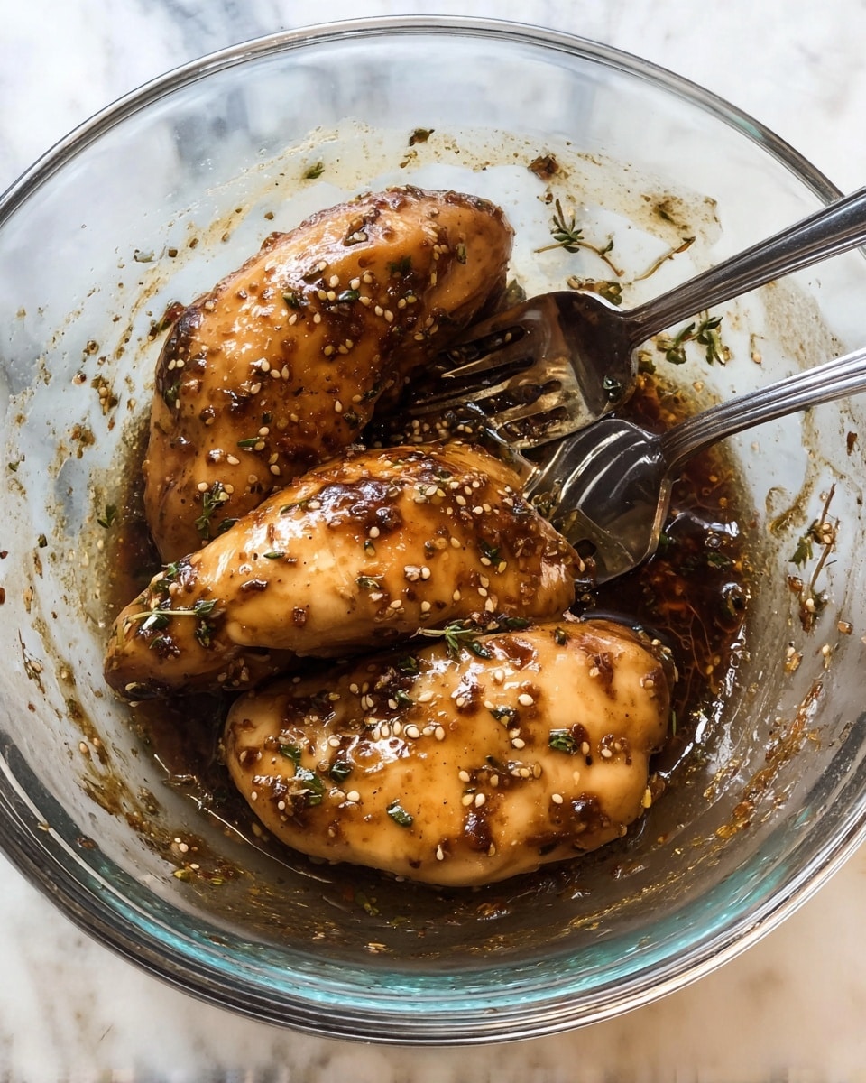 This image shows three pieces of chicken marinating in a clear glass bowl. The chicken is covered in a shiny, dark brown sauce with visible seeds and spices, including some small herbs like thyme. One piece is at the bottom, slightly shiny and plump, while two others rest on top, coated evenly in the sauce. A metal fork and spoon rest inside the bowl, partially touching the chicken. The bowl sits on a white marbled surface, reflecting light softly around it. Photo taken with an iphone --ar 4:5 --v 7