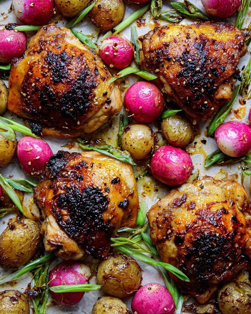 The image shows a close-up view of four roasted chicken thighs with golden-brown, crispy skin and dark charred spots on top, placed on a white marbled surface. Around the chicken, there are small roasted radishes in shades of pink and white, some whole and some cut in half, showing a soft glazed texture. Scattered among the chicken and radishes are thin slices of bright green spring onions and small black sesame seeds adding contrast. The ingredients are spread out unevenly, giving a rustic, fresh, and colorful look. photo taken with an iphone --ar 4:5 --v 7
