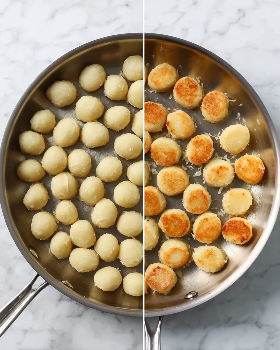 Two side-by-side photos show a round metal pan with small, light beige potato dumplings inside, placed on a white marbled surface. The left side shows the dumplings raw and soft, spread evenly in a single layer, each piece small and smooth with slight pinched edges. The right side shows the same dumplings in the same pan, but now they are golden brown and crispy on the side touching the pan, still arranged evenly in a single layer. The pan handle is metal and shiny, positioned towards the bottom left of the images. photo taken with an iphone --ar 4:5 --v 7