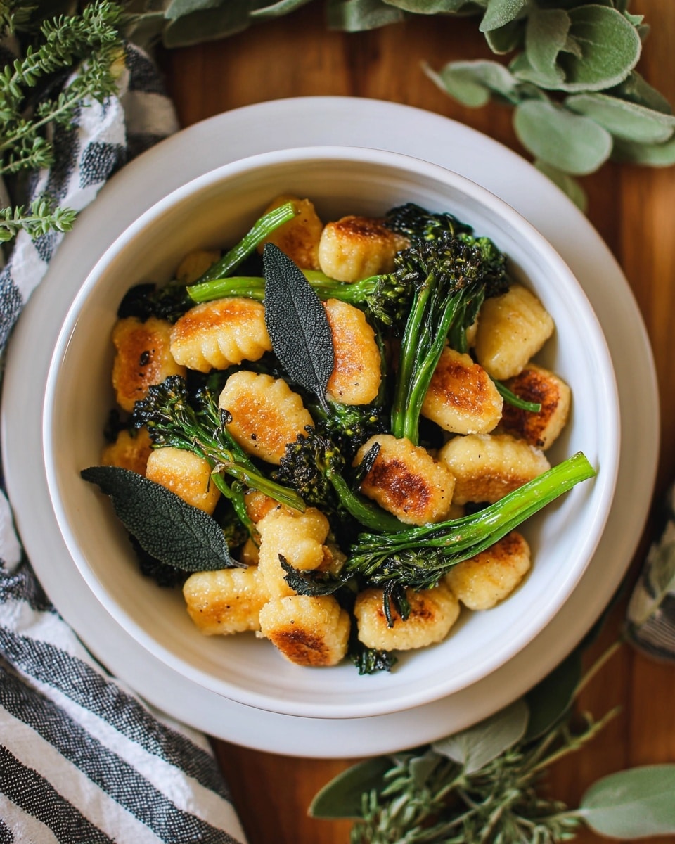 A white bowl filled with golden-brown gnocchi pieces that have a lightly crispy texture, mixed with vibrant green broccolini and topped with a few dark green sage leaves. The gnocchi are mostly on top, some leaning to the sides, showing their warm browned spots. The broccolini is nestled among the gnocchi with small florets and stems visible, adding a fresh green contrast. The bowl is placed on a white plate, shown on a warm wooden table next to a striped cloth and green leafy herbs, with a white marbled background visible around the edges. Photo taken with an iphone --ar 4:5 --v 7