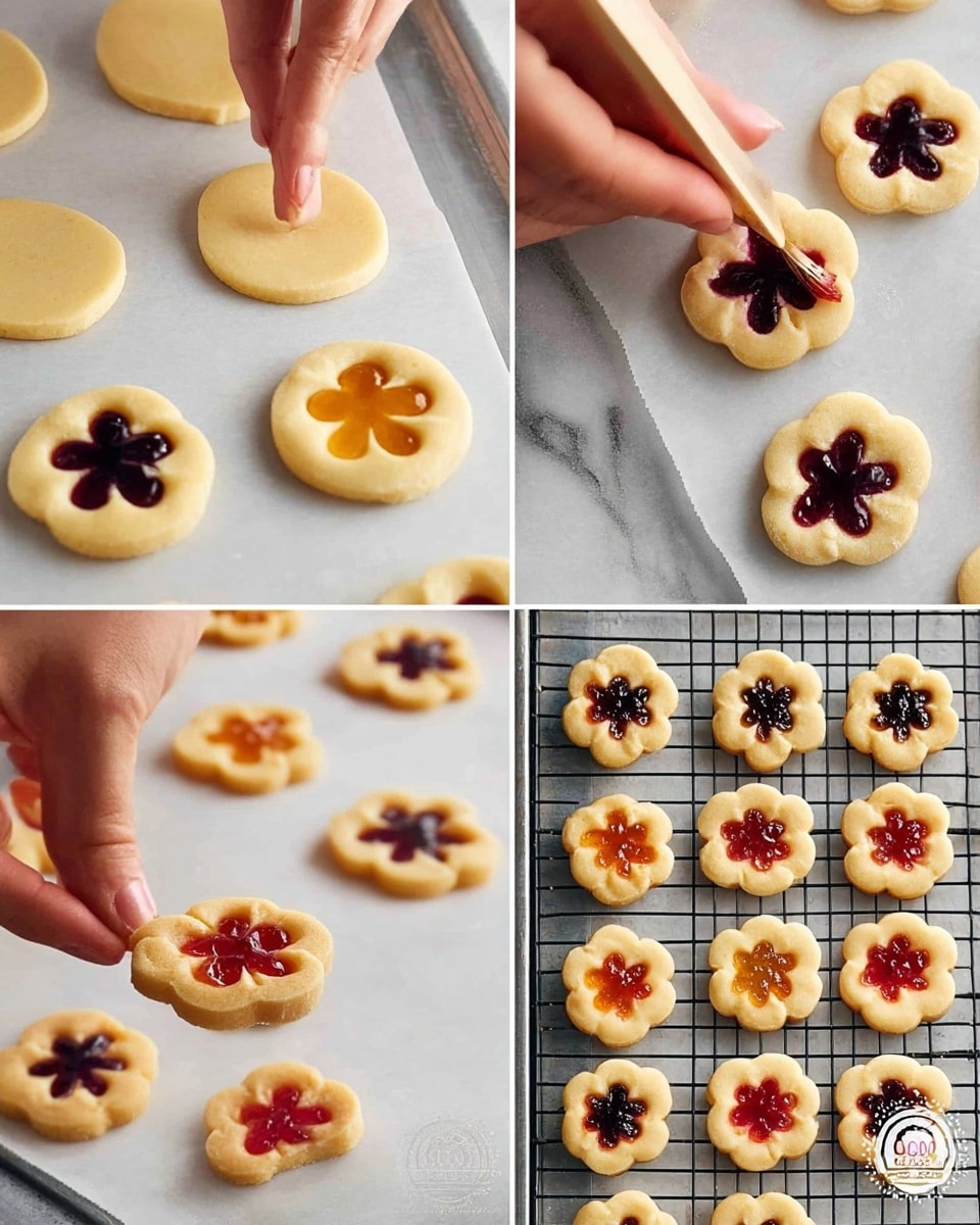 The collage shows the making of small round cookies with flower shapes on top. The dough is pale yellow and smooth, shaped into flat circles on white parchment paper over a baking tray. A woman's finger presses five petal impressions gently into the dough with a small round center left untouched. Three different colors of jam fill the petals: dark purple, red, and orange, applied carefully with a small spoon and stick. The cookies bake until golden with the jam shiny in the petals. Several finished cookies sit on a cooling rack, arranged neatly, showing a clear flower pattern with a raised dough center and colored jam petals. A woman's hand holds one cookie showing the details closely. The background is white marble. photo taken with an iphone --ar 4:5 --v 7
