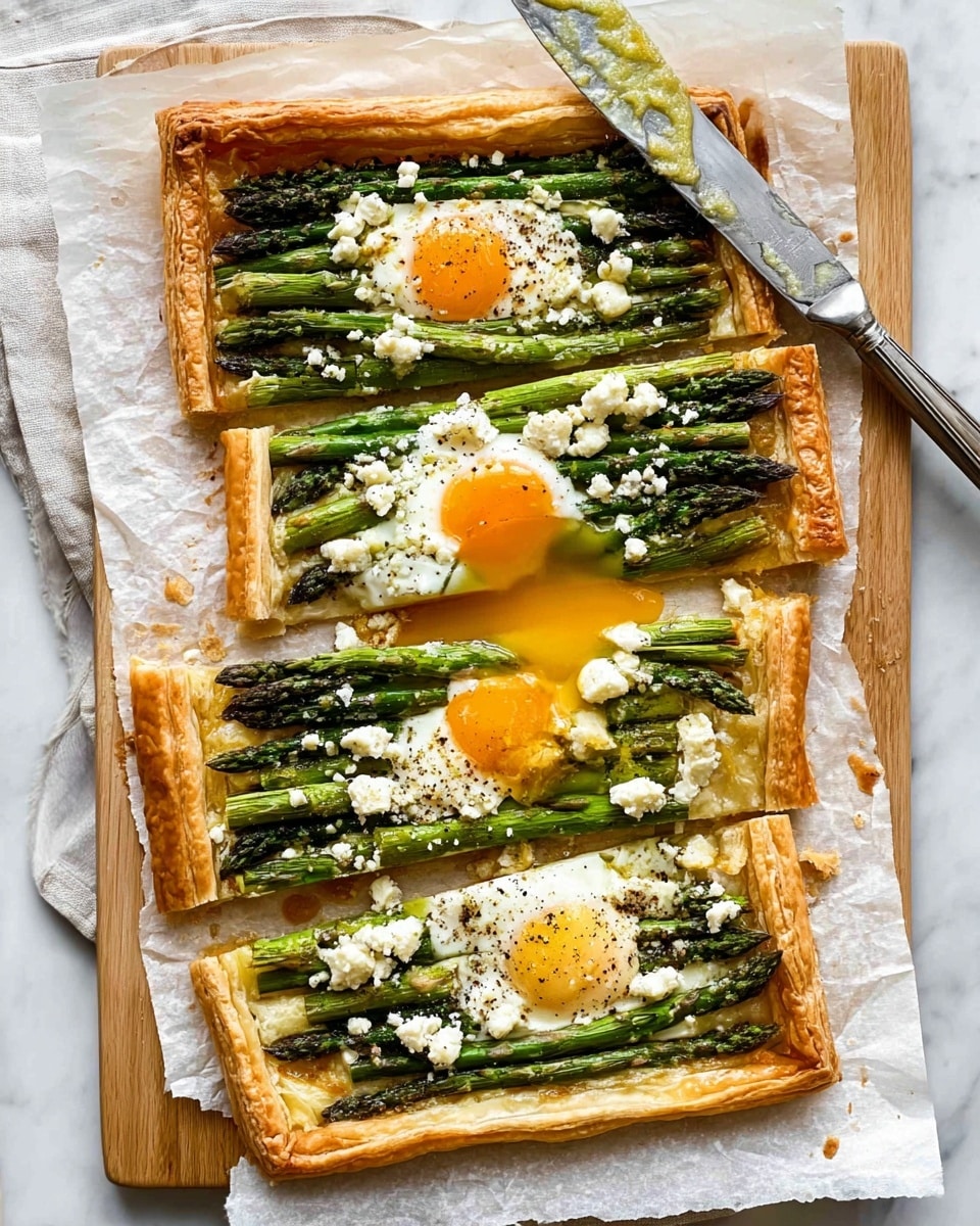 The image shows a rectangular puff pastry tart on crinkled white baking paper placed on a light wooden board, set on a white marbled surface. The tart is divided into four pieces, with one piece slightly moved revealing a runny bright yellow egg yolk dripping onto the paper. The tart has a thick flaky golden-brown crust around the edge. Inside, there are two whole cooked sunny-side-up eggs with clear whites and bright yellow yolks in the upper left and lower right sections. Long, vibrant green asparagus spears are neatly laid out in stacked layers across the tart, both above and below the eggs. White crumbled cheese and a light sprinkle of coarse black pepper are scattered evenly over the asparagus and eggs, adding texture and contrast. A silver knife with yellow butter remnants rests to the top right on the baking paper. Photo taken with an iphone --ar 4:5 --v 7