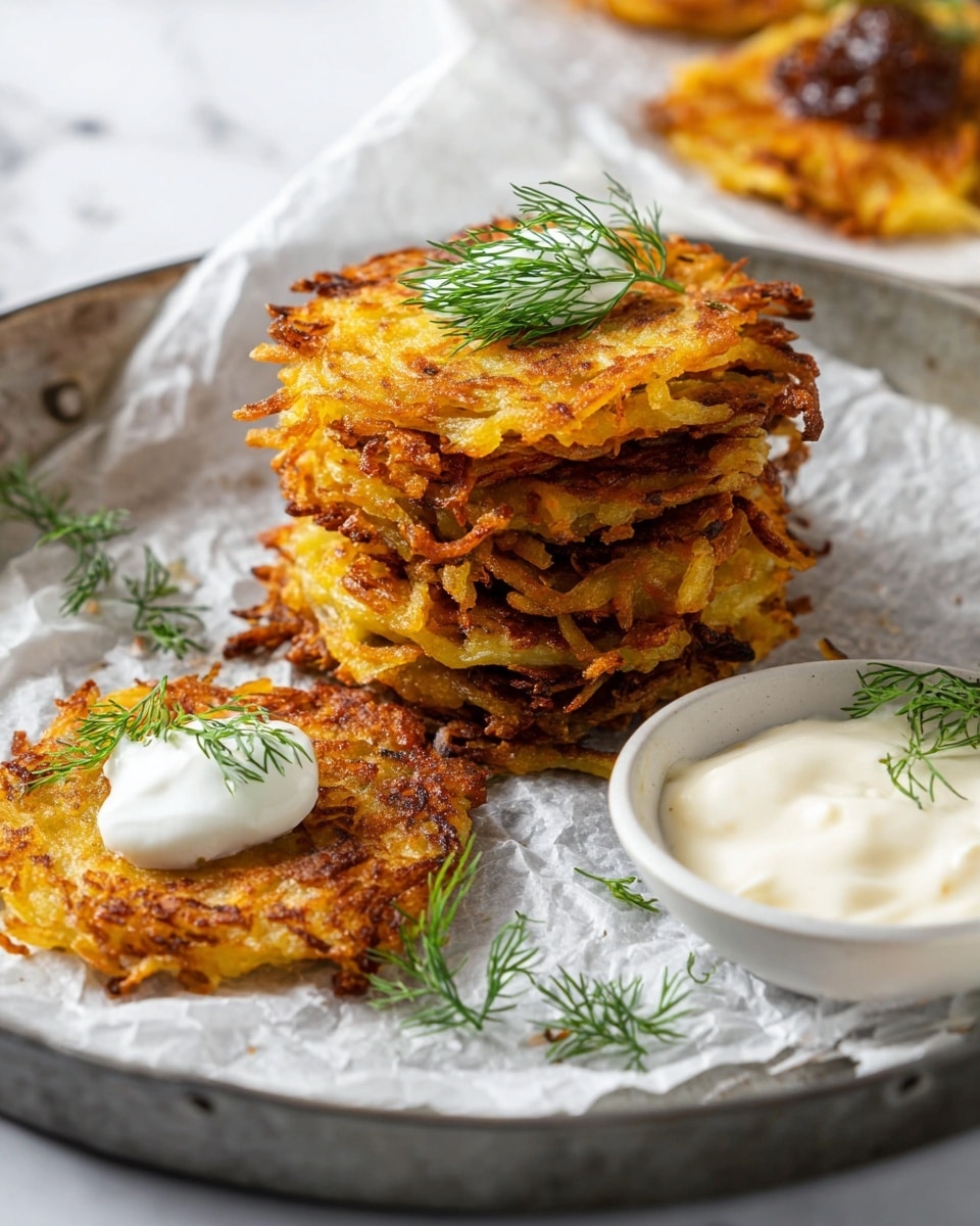 The image shows a stack of five golden brown potato pancakes with a crispy texture, each layer slightly uneven and textured from shredded potato. A few delicate sprigs of fresh green dill are scattered on top of the stack and around the pancakes on the white parchment paper beneath them. To the front left, one pancake lies flat with a dollop of white sour cream and a small dill sprig on top. In the background, there are more potato pancakes partially visible, some topped with sour cream and a darker chunky garnish. On the right side, a small white bowl is filled with creamy white sauce. All this is placed on a round metal tray lined with white parchment paper resting on a white marbled surface. Photo taken with an iphone --ar 4:5 --v 7