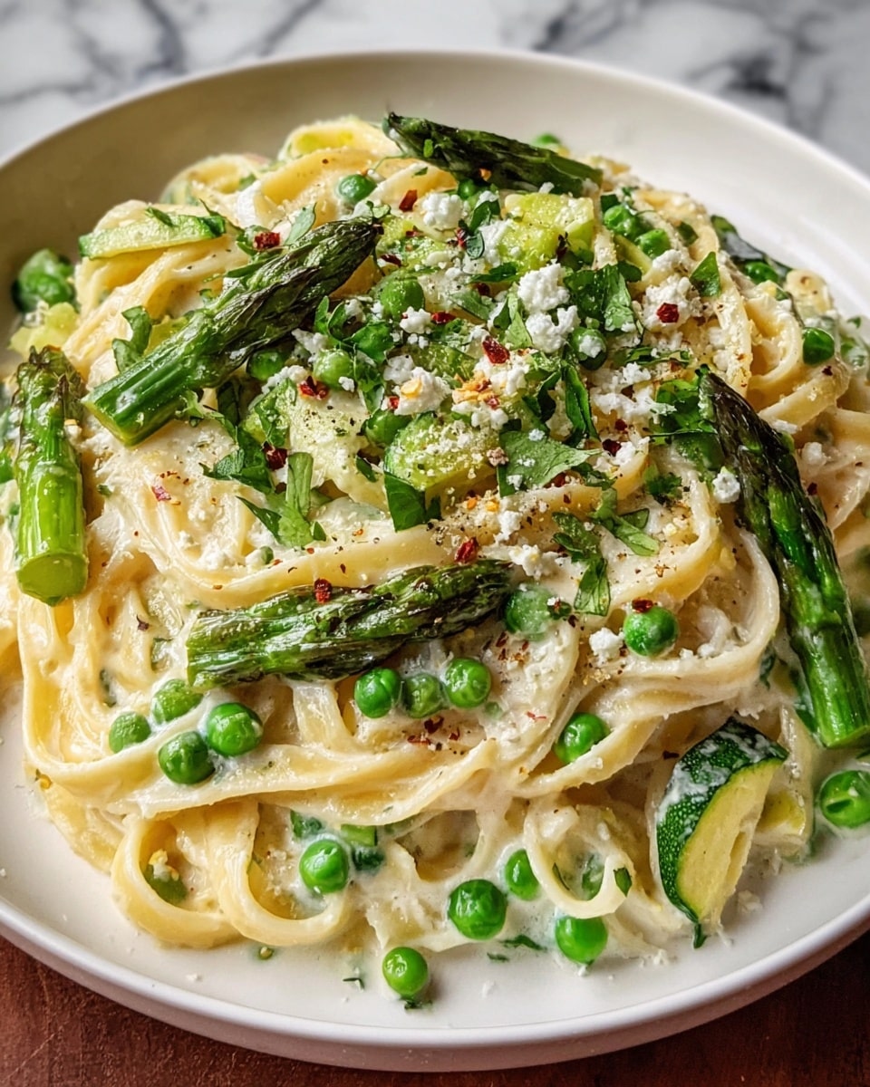 This dish is a white plate filled with three main layers: at the bottom is a bed of long, creamy pasta ribbons in light yellow, thickly coated with a smooth white sauce. On top of the pasta, there are bright green peas, small chunks of light green zucchini, and thicker spears of asparagus in a deeper green, evenly mixed throughout. The top layer is sprinkled with small bits of crumbled white cheese and finely chopped fresh green herbs, along with a light dusting of black pepper and red chili flakes for color contrast. The background shows a white marbled surface. Photo taken with an iphone --ar 4:5 --v 7