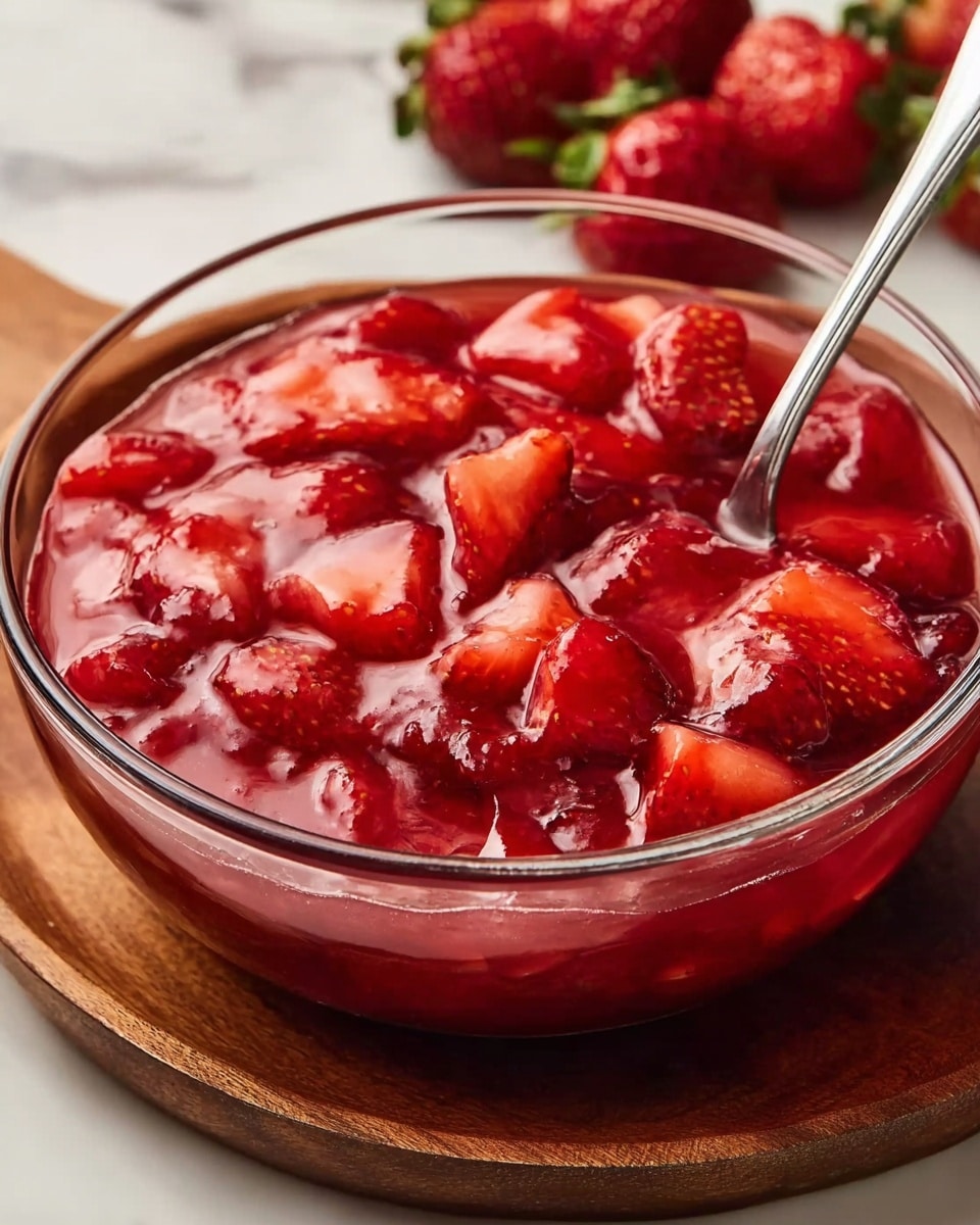 A clear glass bowl filled with bright red strawberry sauce showing many pieces of sliced strawberries covered in a shiny, thick syrup layer, with a metal spoon partially dipped into the sauce from the right side, the bowl resting on a brown wooden board, fresh whole strawberries placed at the back on a white marbled surface photo taken with an iphone --ar 4:5 --v 7