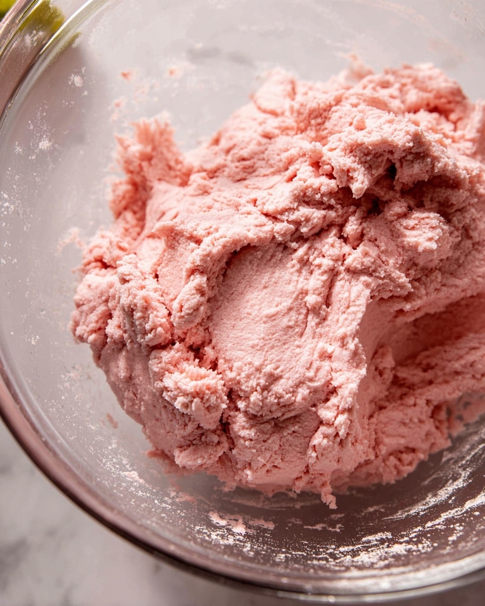 Close-up of a thick pink dough inside a clear glass mixing bowl. The dough has a rough texture with small lumps and soft folds all around. The bowl sits on a white marbled surface, with some light reflecting on the glass. The dough takes up most of the space inside the bowl but is unevenly spread, showing depth and softness. Photo taken with an iphone --ar 4:5 --v 7