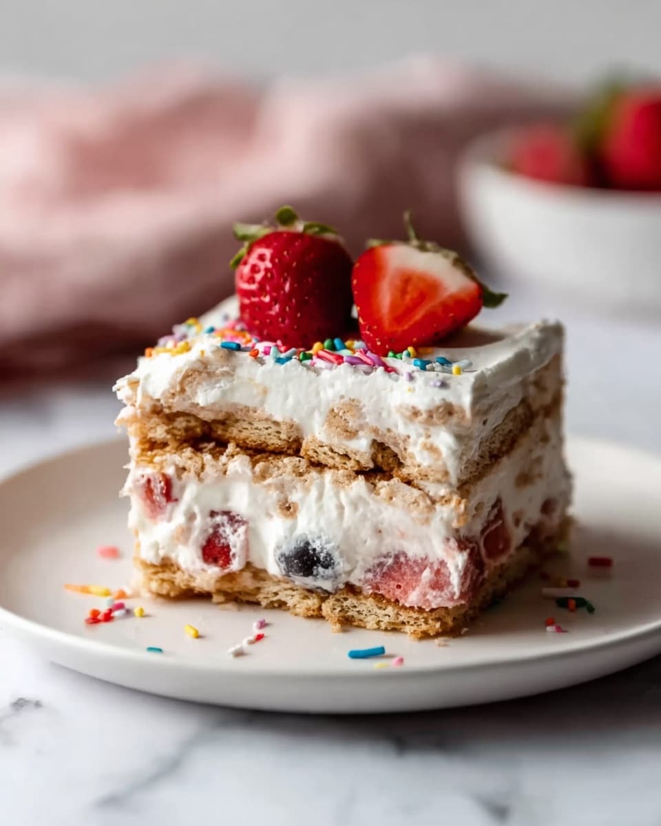 A square piece of creamy dessert sits on a white plate, showing four distinct layers. The bottom layer is light brown with a soft, crumbly texture, partially covered with visible slices of red strawberries. Above it is a thick white cream layer mixed with some blueberries and bits of the crumbly brown layer. Next is another layer of the light brown crumbly texture, again covered with thick white cream. The top layer is smooth white cream decorated with whole red strawberries, one whole and one sliced, and a few small colorful sprinkles. The background is a white marbled surface with a soft, blurred pink cloth. Photo taken with an iphone --ar 4:5 --v 7