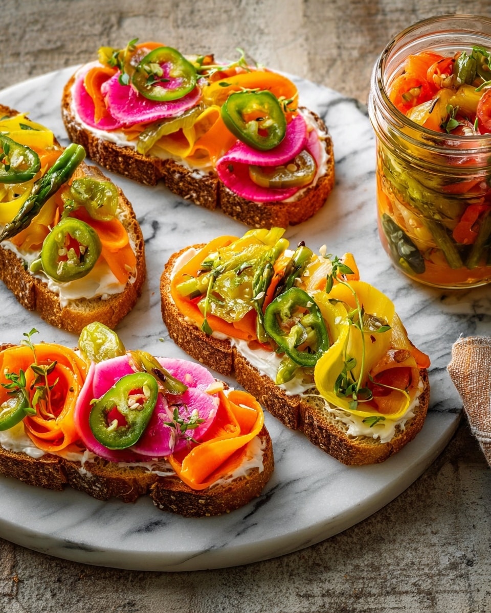 The image shows four slices of toasted bread placed on a white marbled platter. Each slice is layered with a creamy white spread as the base, topped with colorful ribbon-like strips of orange carrots, yellow squash, and green zucchini, along with halved cherry tomatoes, sliced green jalapeños, and tender asparagus tips. Pickled pink onions curl softly over the vegetables, and small sprigs of fresh dill are scattered on top for garnish. In the background, a jar filled with more pickled vegetables sits on a wooden surface. The overall look is fresh, vibrant, and layered with bright, natural colors. photo taken with an iphone --ar 4:5 --v 7