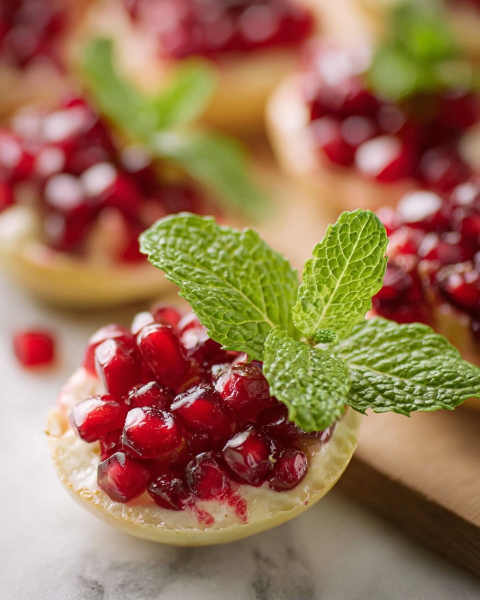 The image shows a close-up of a small piece of pomegranate with vibrant red seeds clustered tightly inside a pale yellow peel. On top of the pomegranate piece, there is a fresh green mint leaf with a textured surface and visible veins, adding a bright contrast. In the blurred background, there are more pomegranate pieces topped with red seeds, arranged on a white marbled surface. The overall colors are a mix of deep red, fresh green, soft yellow, and white, all creating a fresh and juicy look. photo taken with an iphone --ar 4:5 --v 7