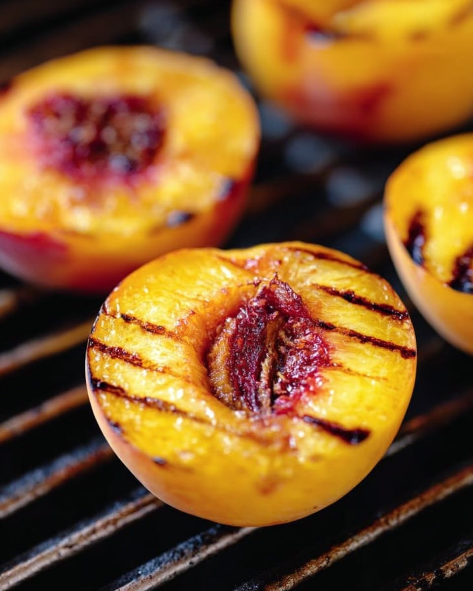 The image shows close-up grilled peach halves placed on a black grill grate. Each peach half is golden yellow with reddish areas around the pit, and they have char marks that add a dark brown contrast on their soft, shiny surface. The background is a white marbled texture that softens the strong colors of the fruit and grill. The focus is on the front peach half, showing its juicy texture with a bit of caramelization. Photo taken with an iphone --ar 4:5 --v 7