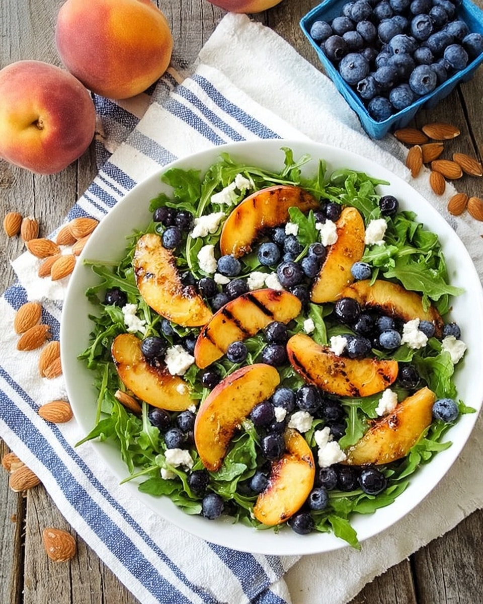 A white bowl filled with fresh green arugula leaves forms the base layer. On top, there are slices of grilled peaches with a lightly browned, textured surface spread evenly around the bowl. Scattered among the peach slices are plump, dark blue blueberries and small white chunks of cheese. Whole almonds are also sprinkled throughout, adding a tan color and smooth texture. The bowl sits on a white cloth with blue stripes, which is placed on a rustic wooden surface. Nearby, whole peaches and a blue container of blueberries add extra color and context. Photo taken with an iphone --ar 4:5 --v 7