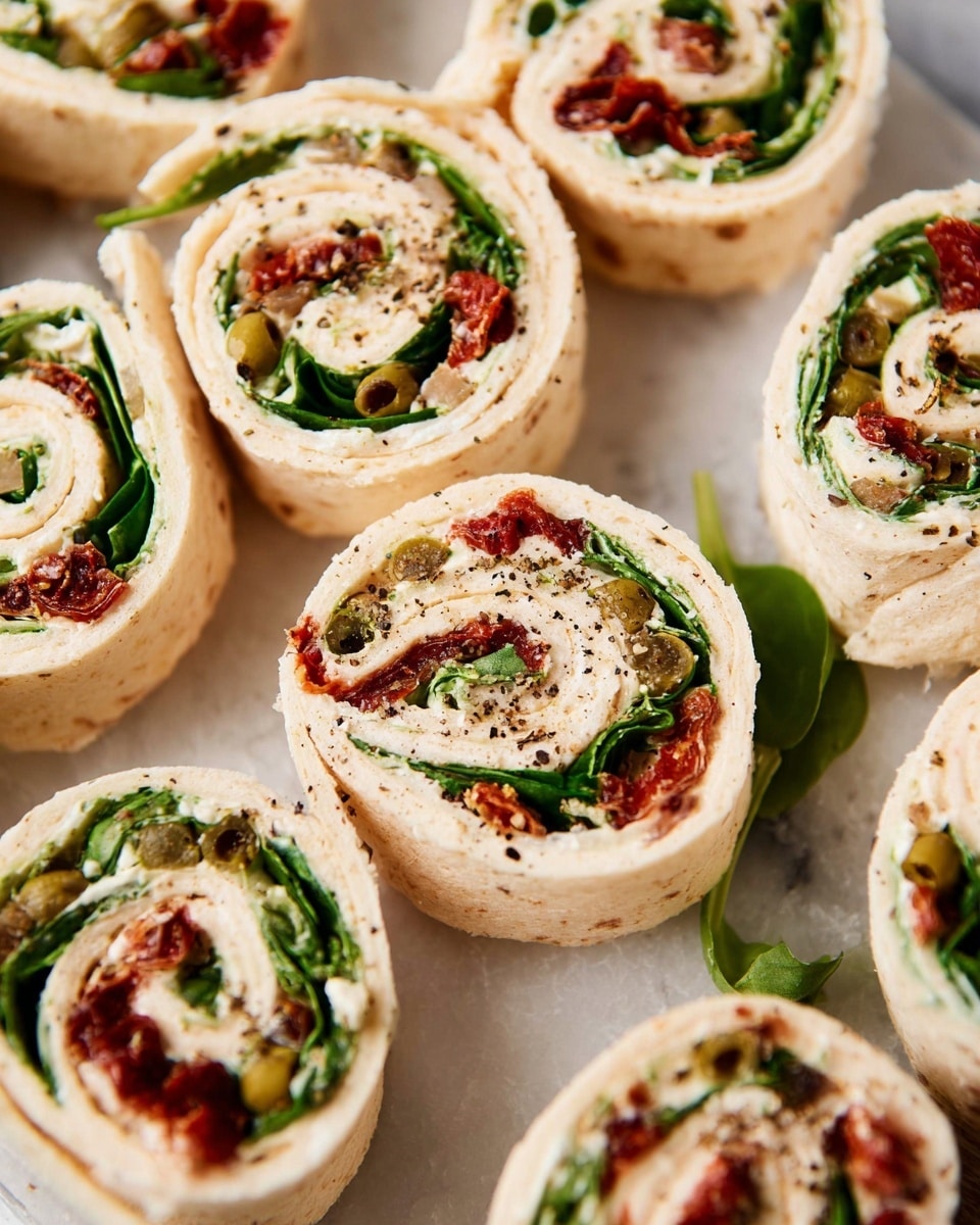 The image shows small rolled wraps arranged closely on a white marbled surface. Each wrap has three visible layers: a light beige tortilla on the outside, a creamy white spread inside, and a filling that includes bright green spinach leaves, small red sun-dried tomato pieces, and bits of green olives or capers. The wraps are cut into thick rounds, showing the spiral pattern of the layers. There is a slight sprinkle of black pepper on top of the wraps, adding texture. Photo taken with an iphone --ar 4:5 --v 7