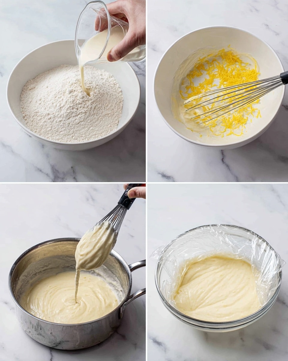 The image shows four steps in making a creamy batter, each in a white bowl or clear glass bowl set on a white marbled surface. The first step has a white bowl with dry flour being poured with milk from a clear measuring cup, creating a pale powder and liquid mix. The second step is a white bowl with a whisk inside, mixing yellow lemon zest with a creamy white liquid being poured in from a glass bowl. The third step shows a silver saucepan with smooth, thick cream being mixed with a woman's hand holding a black and white measuring spoon of dark vanilla extract. The last step is a clear glass bowl covered with clear plastic wrap, showing smooth, pale yellow cream inside ready to rest. photo taken with an iphone --ar 4:5 --v 7